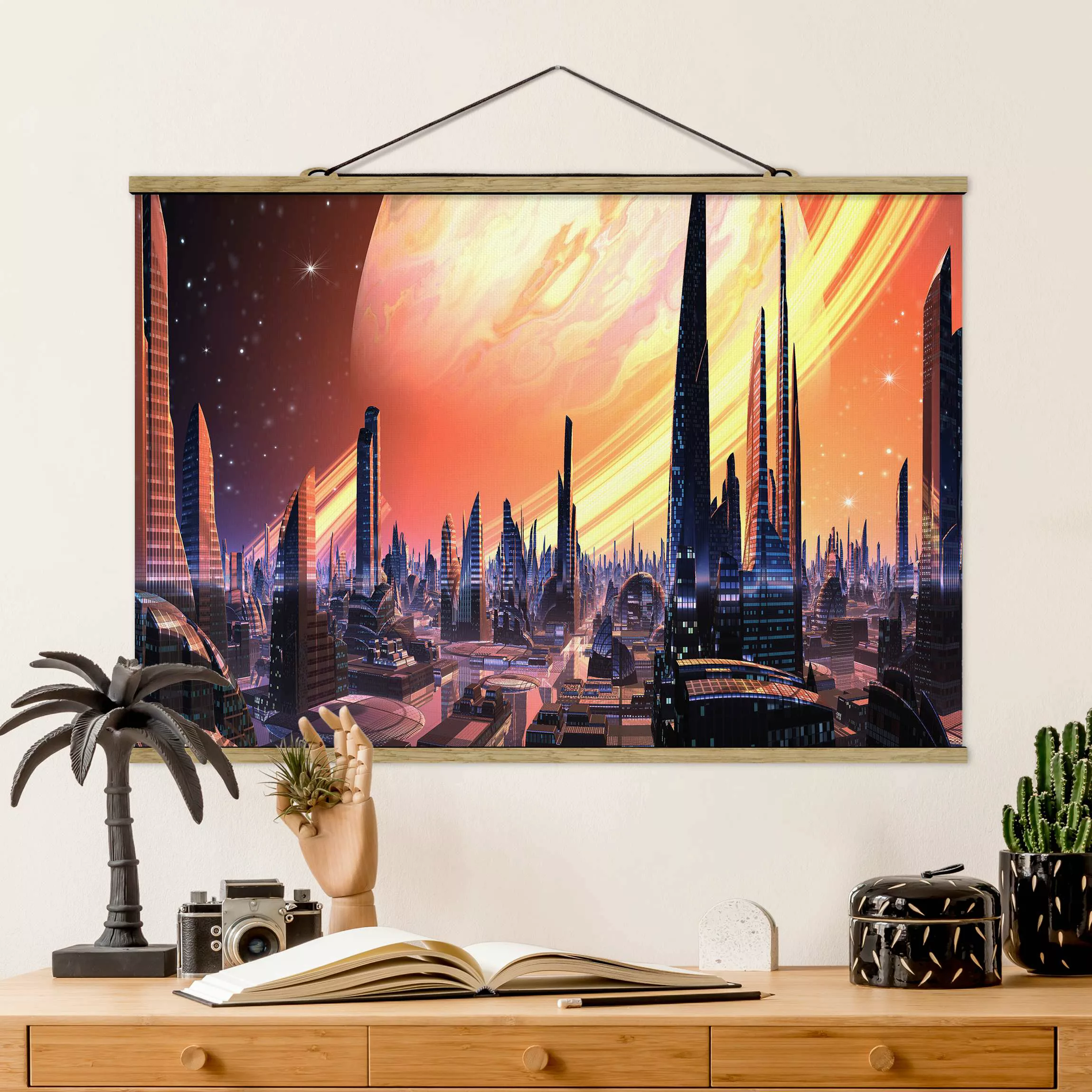Stoffbild mit Posterleisten Sci-Fi Großstadt mit Planet günstig online kaufen