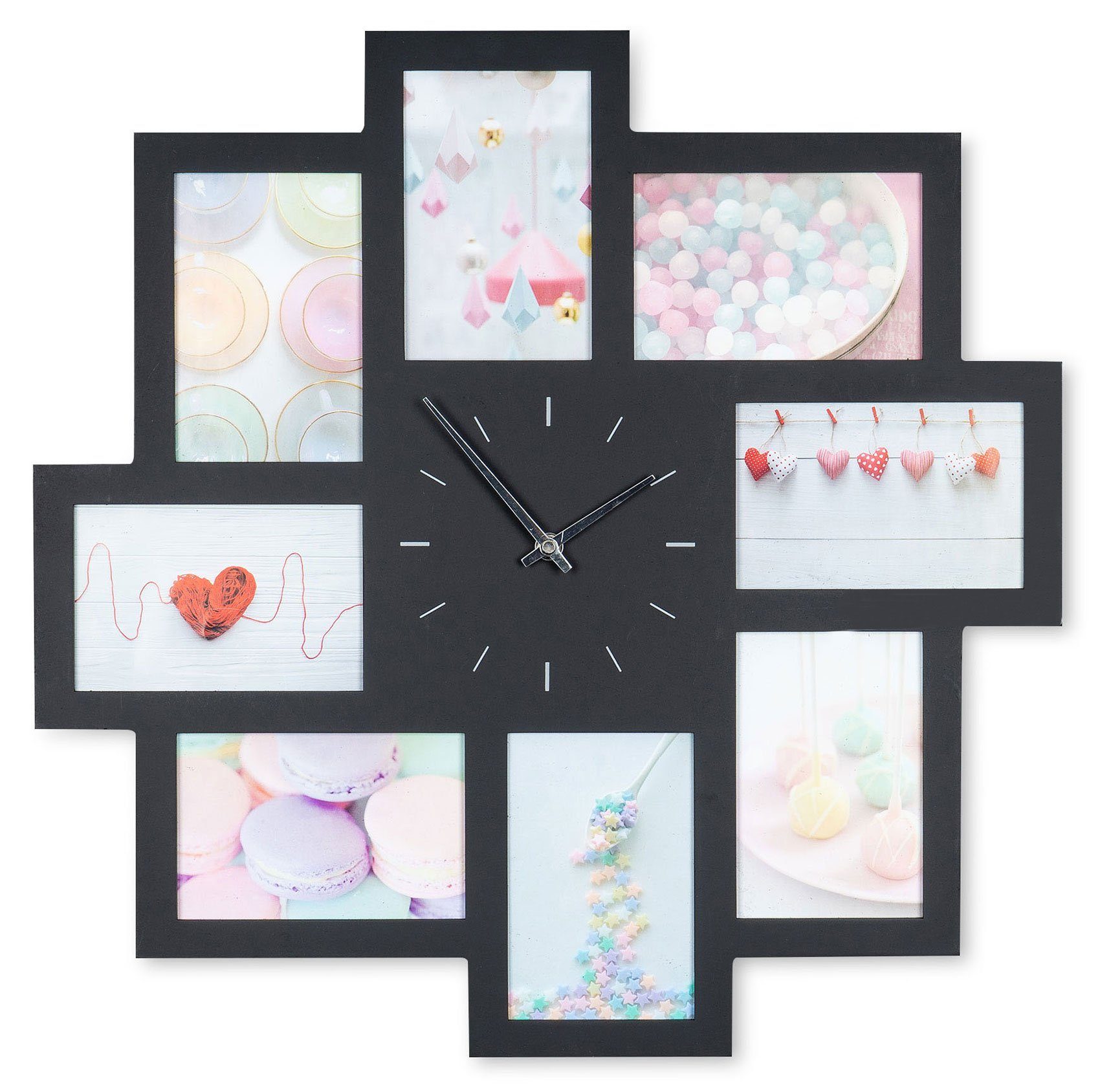 Levandeo® Bilderrahmen Collage, Wanduhr Schwarz 52x52cm günstig online kaufen