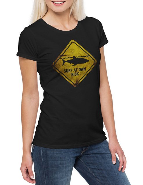 Urban Backwoods Print-Shirt Shark Warning Sign Damen T-Shirt Weißer Hai Sur günstig online kaufen