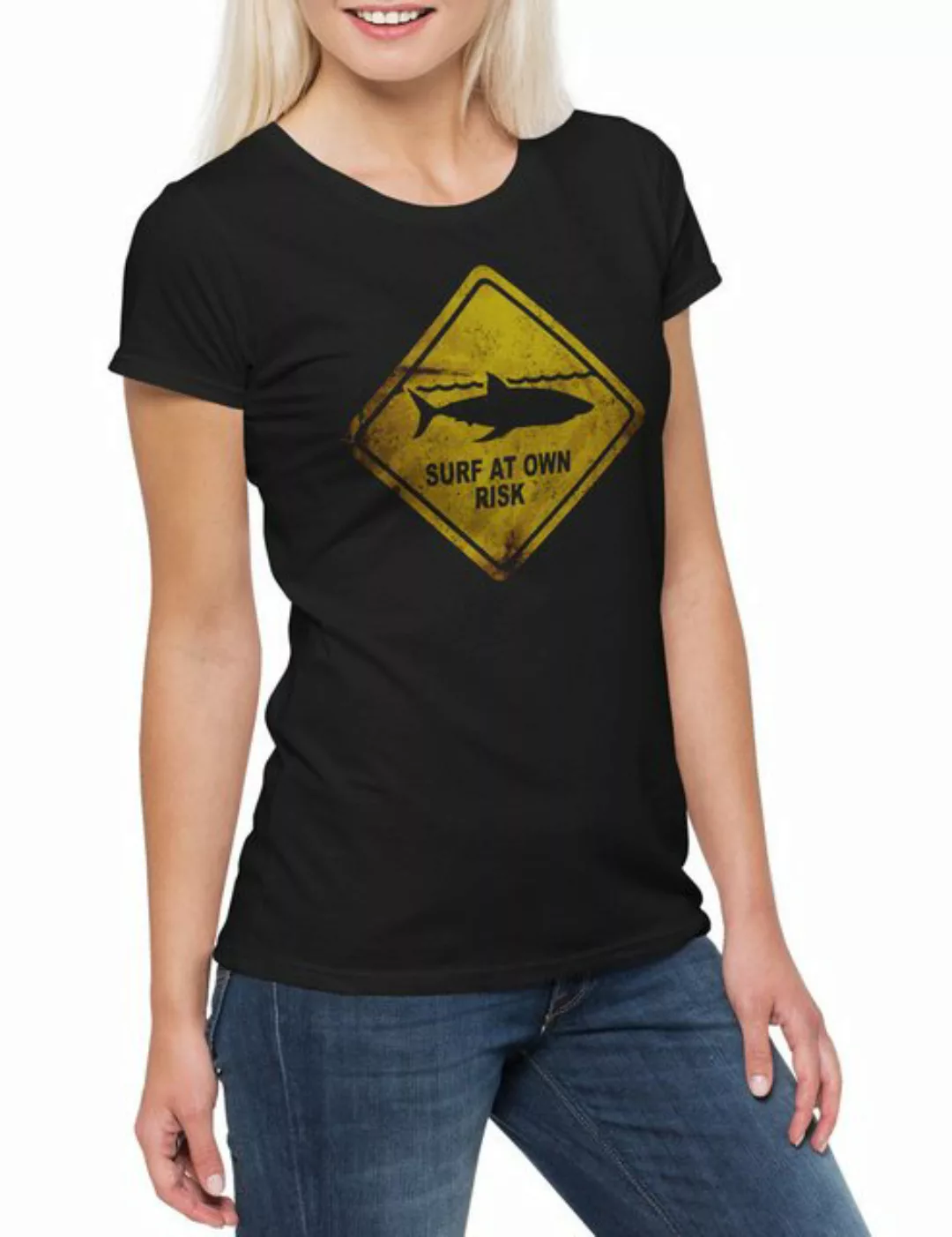 Urban Backwoods Print-Shirt Shark Warning Sign Damen T-Shirt Weißer Hai Sur günstig online kaufen