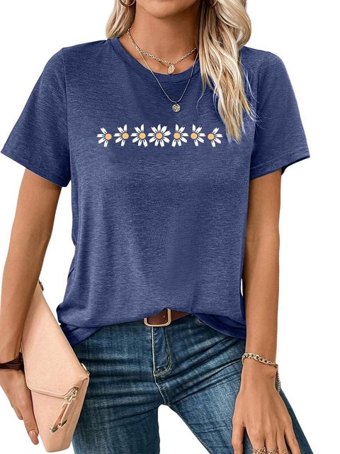 PYL Kurzarmshirt Damen Sommer Kurzarmbluse Locker Gänseblümchen Print-Shirt günstig online kaufen