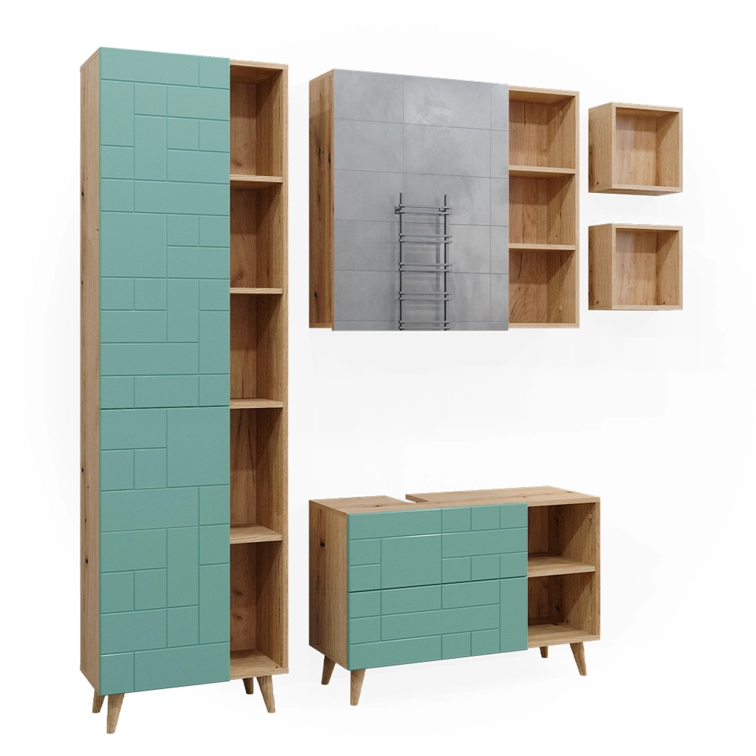 Vicco Badmöbel-Set Rudi Mintgrün/Eiche 5 Teile mit Hochschrank günstig online kaufen