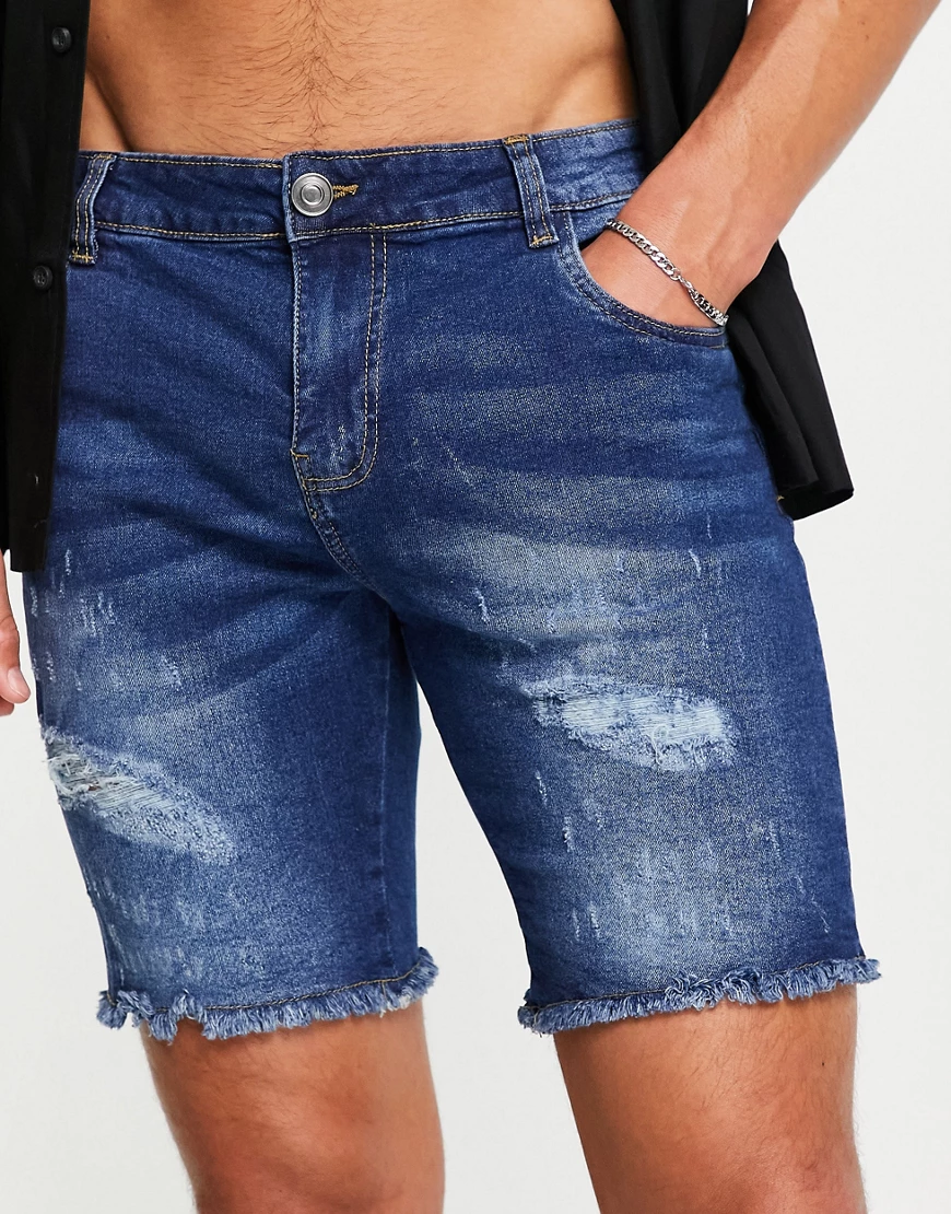 Night Addict – Jeansshorts mit Saum im Destroyed-Look in Indigo-Blau günstig online kaufen