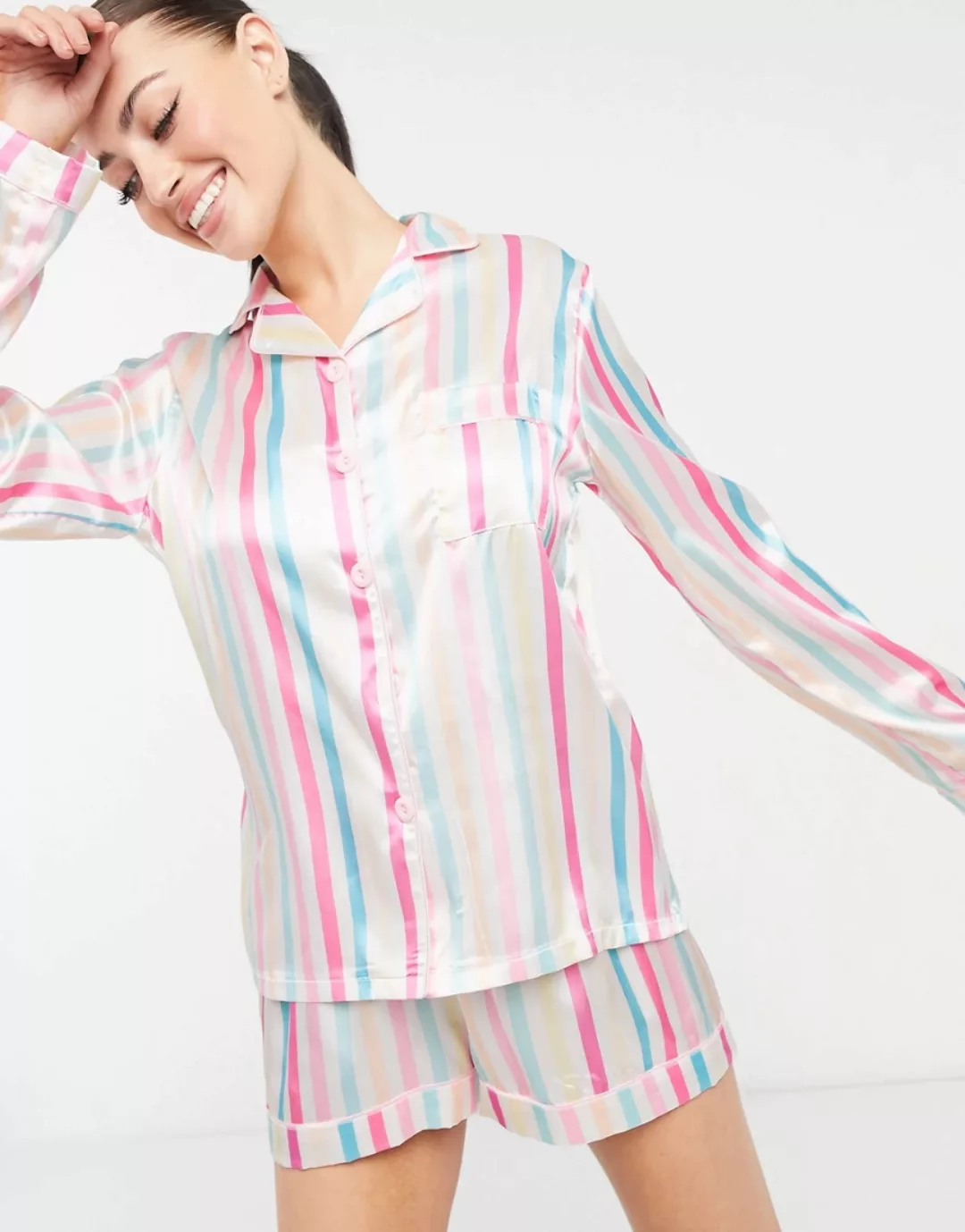 Night – Kurzes Pyjamaset aus Satin mit pastellfarbenen Streifen-Mehrfarbig günstig online kaufen