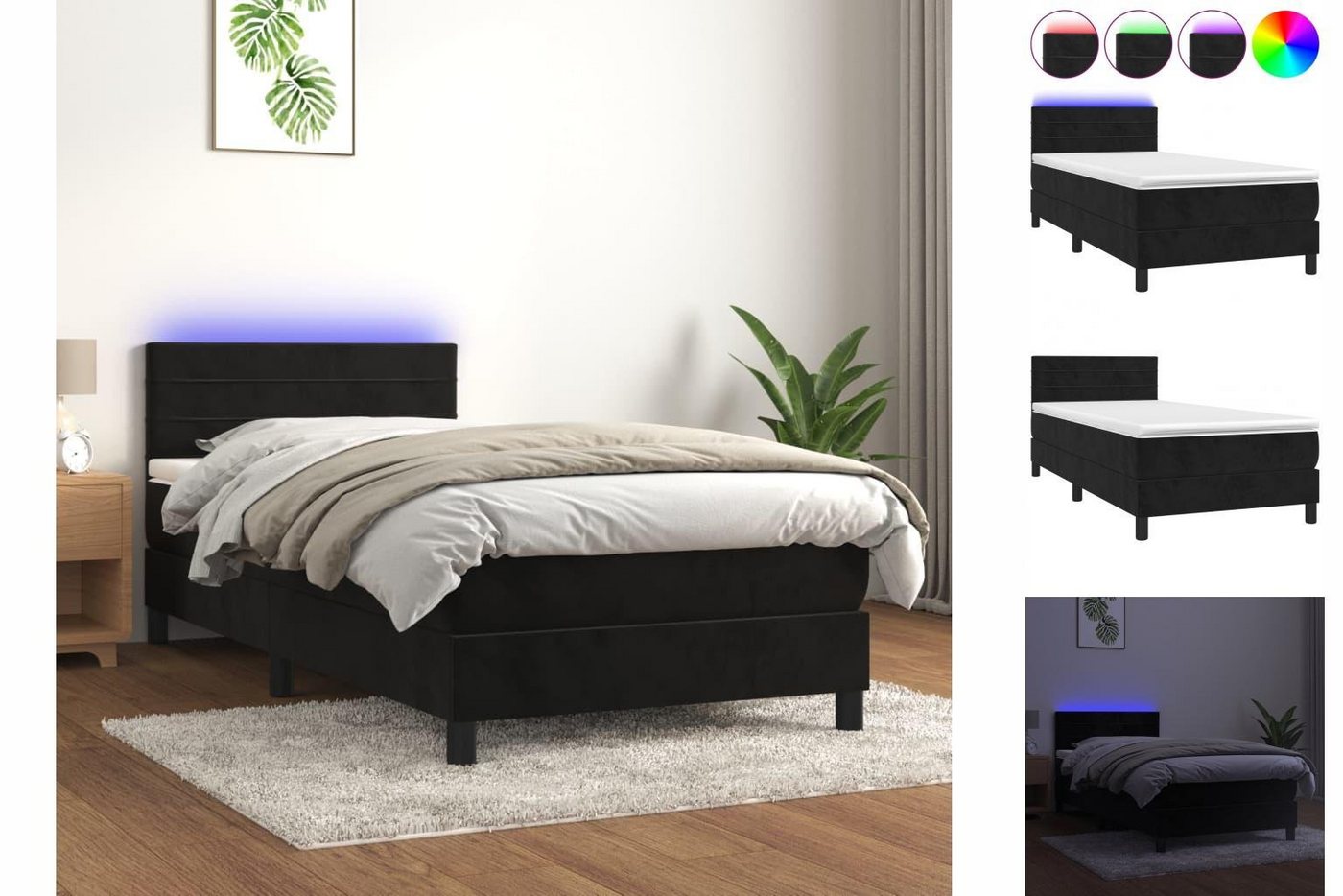 vidaXL Bettgestell Boxspringbett mit Matratze LED Schwarz 100x200 cm Samt B günstig online kaufen