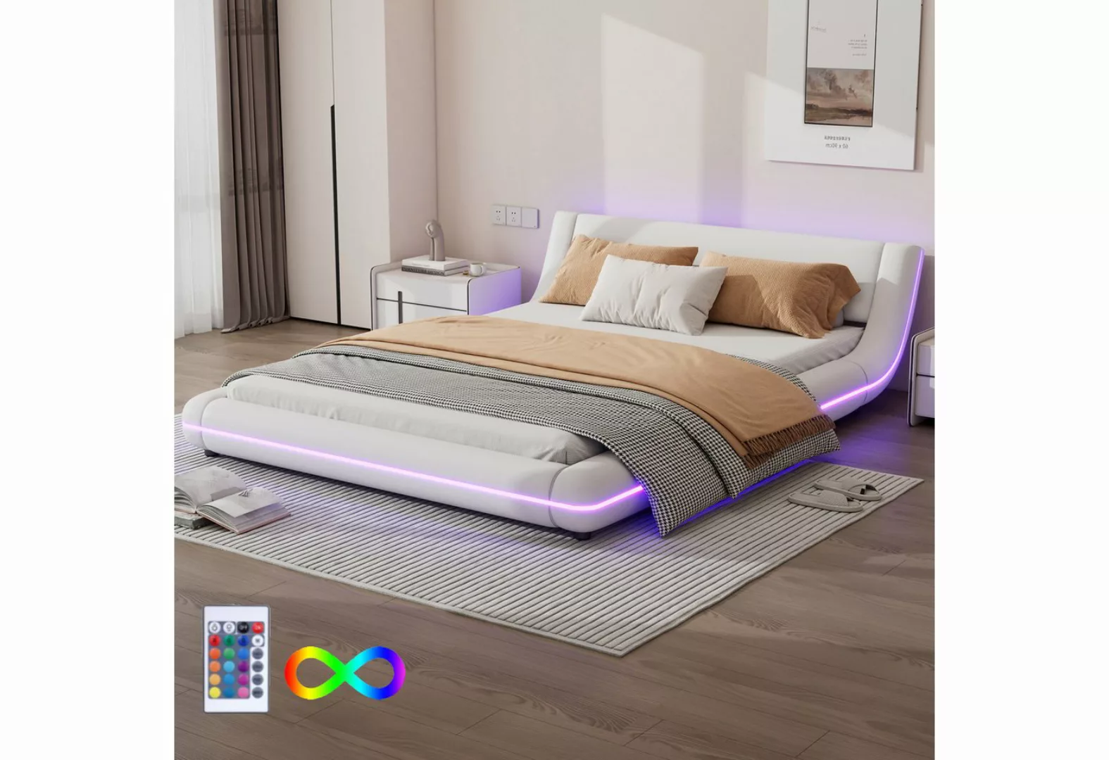 Flieks Polsterbett, LED Beleuchtung mit Fernbedienung Doppelbett 140x200cm günstig online kaufen
