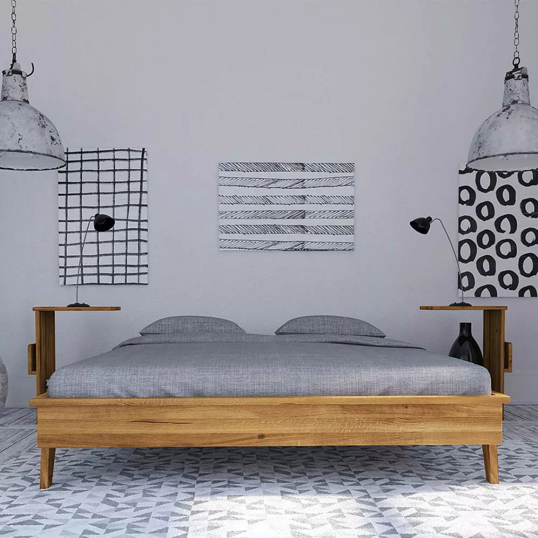 Retro Bett aus Wildeiche Massivholz Kopfteil (dreiteilig) günstig online kaufen