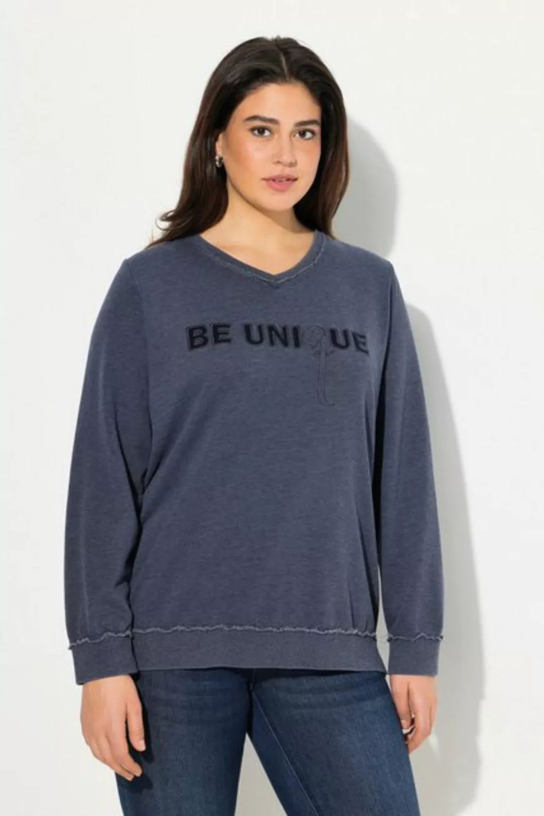 Ulla Popken Sweatshirt Sweat-Pullover Schriftzug V-Ausschnitt Langarm günstig online kaufen