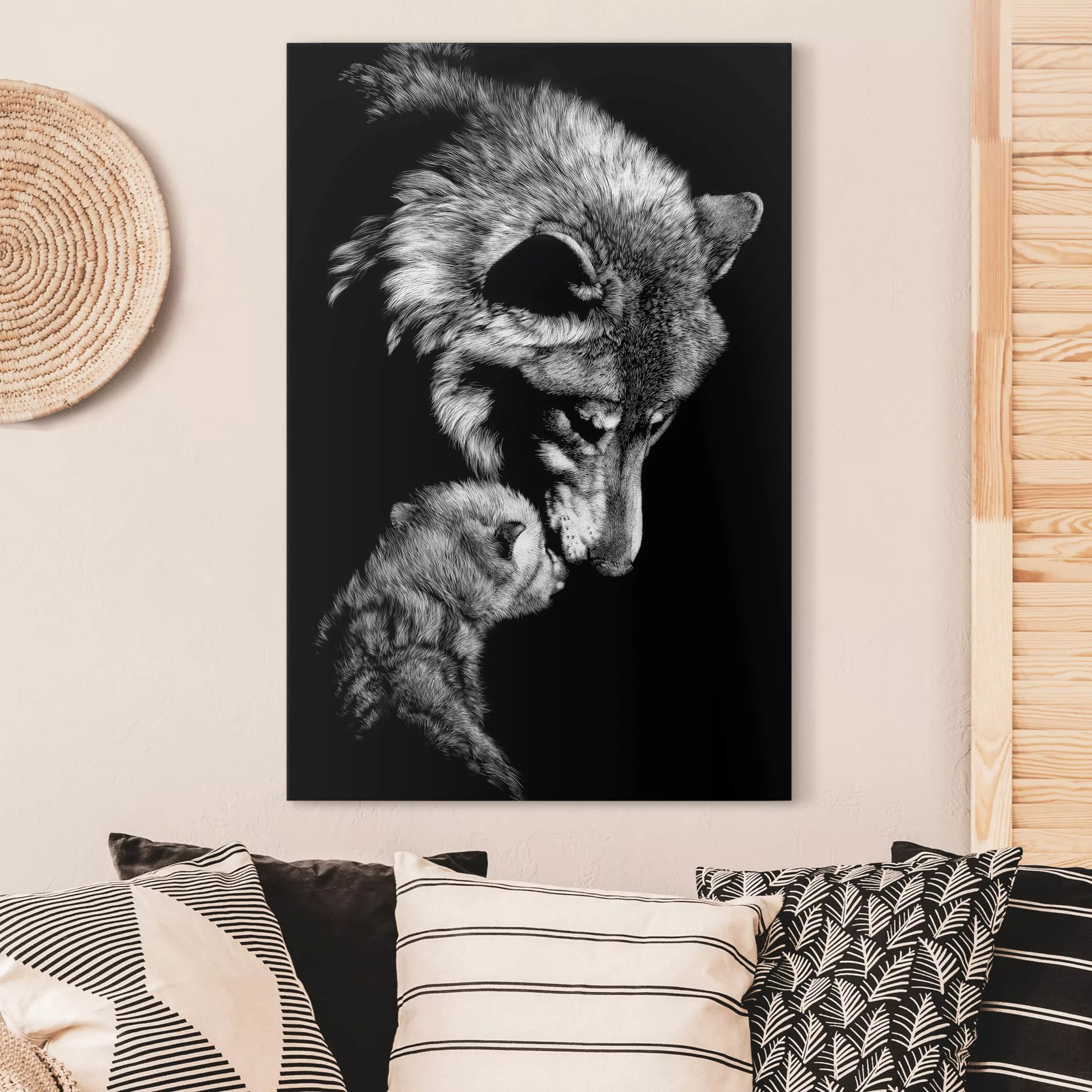Leinwandbild Schwarz-Weiß - Hochformat Wolf vor Schwarz günstig online kaufen