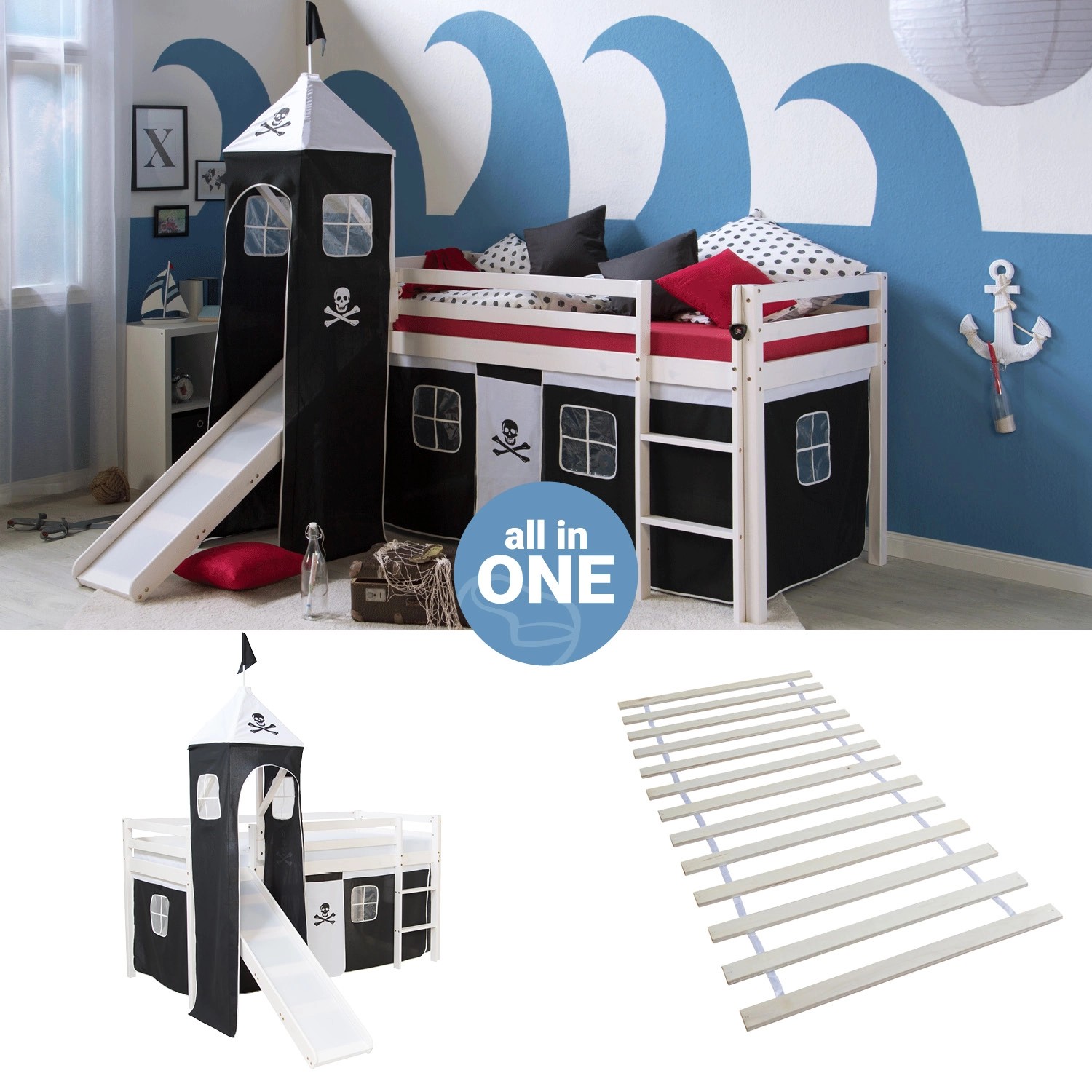 Homestyle4u Hochbett 90x200 mit Vorhang Lattenrost Rutsche Turm in Weiß Pir günstig online kaufen