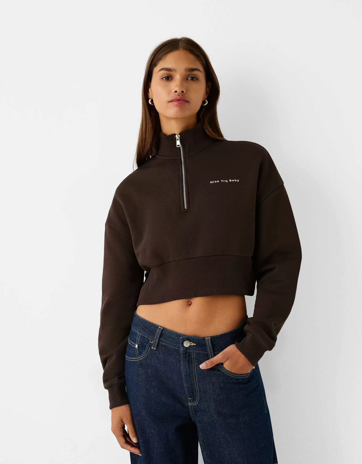 Bershka Sweatshirt Mit Reißverschluss Und Stickerei Damen L Braun günstig online kaufen