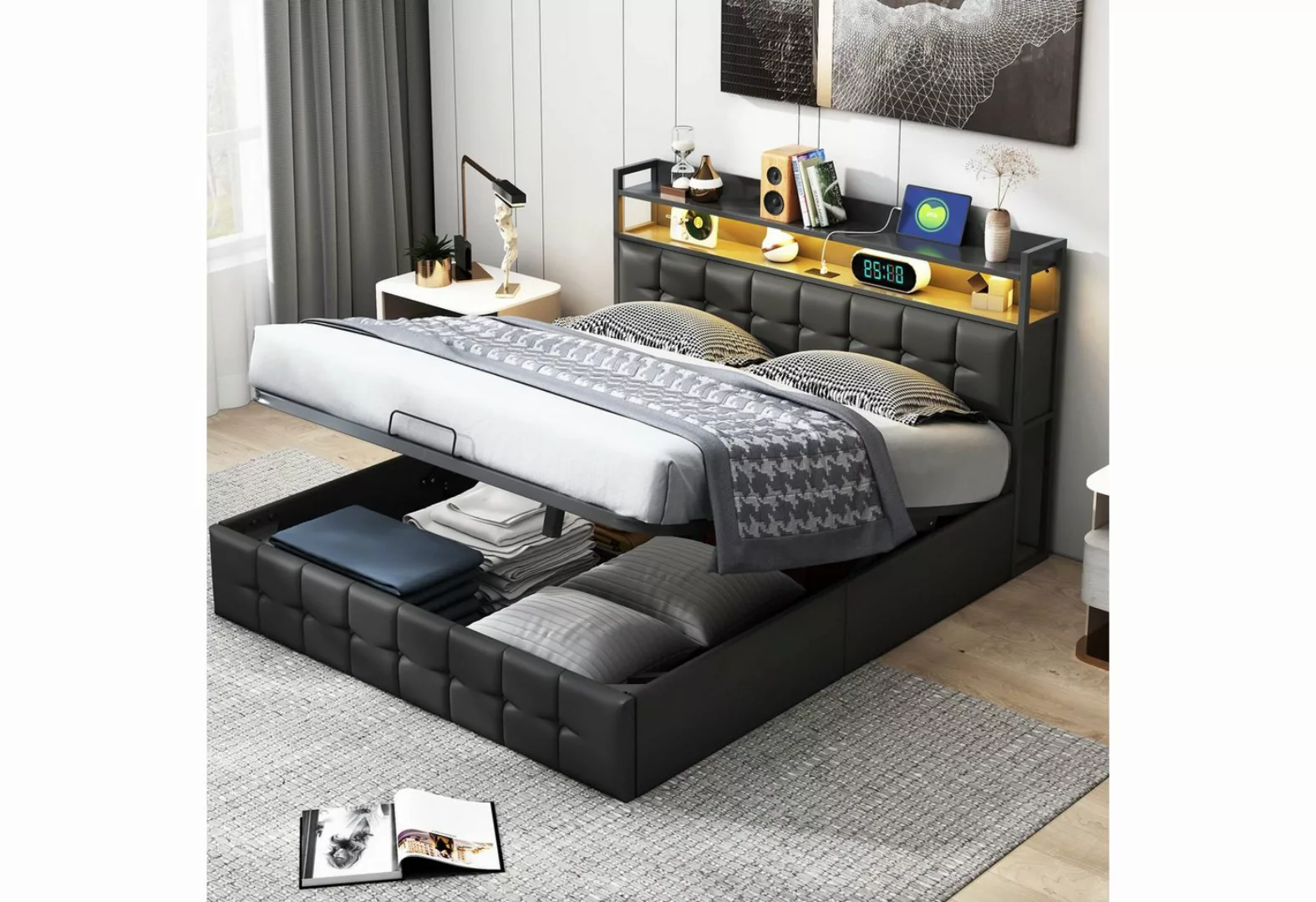 Furnishings Home Polsterbett 160x200cm Doppelbett Schwarz PU (Set, Bett) günstig online kaufen