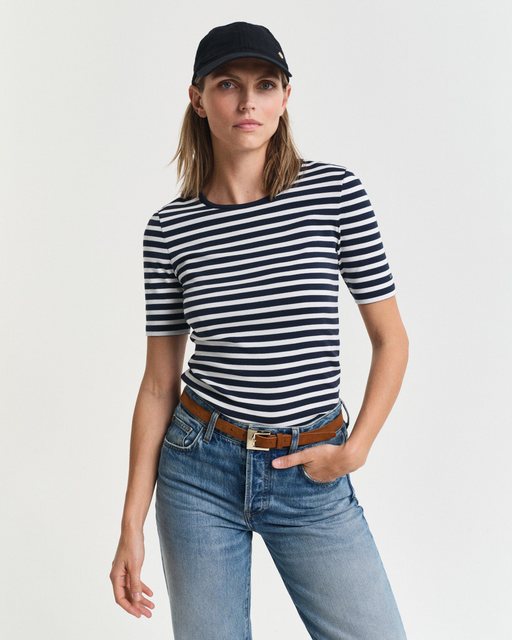 Gant T-Shirt SLIM STRIPED 1X1 RIBBED KA T-SHIRT mit dezentem Logoschriftzug günstig online kaufen