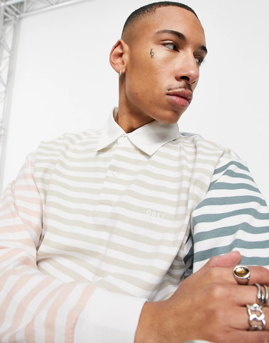 Obey – Marcel – Langärmliges Polohemd in Beige gestreift-Neutral günstig online kaufen