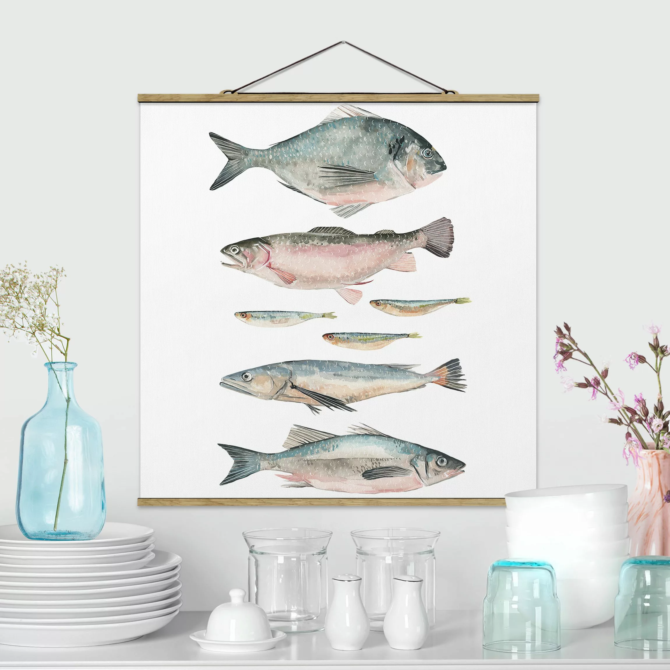 Stoffbild Tiere mit Posterleisten - Quadrat Sieben Fische in Aquarell II günstig online kaufen