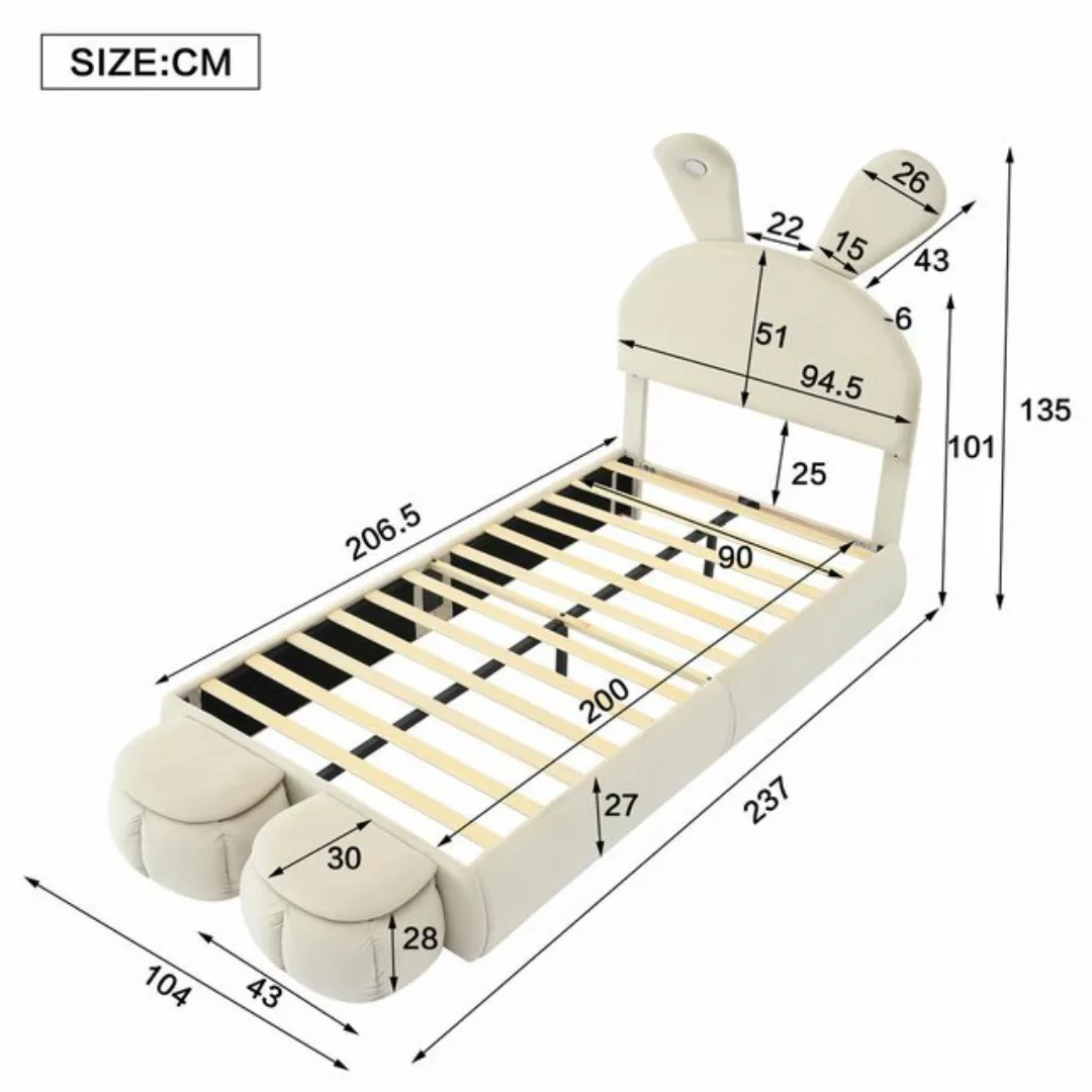 Flieks Polsterbett, LED Einzelbett 90x200cm mit Hasenohren Kopfteil und 2 S günstig online kaufen