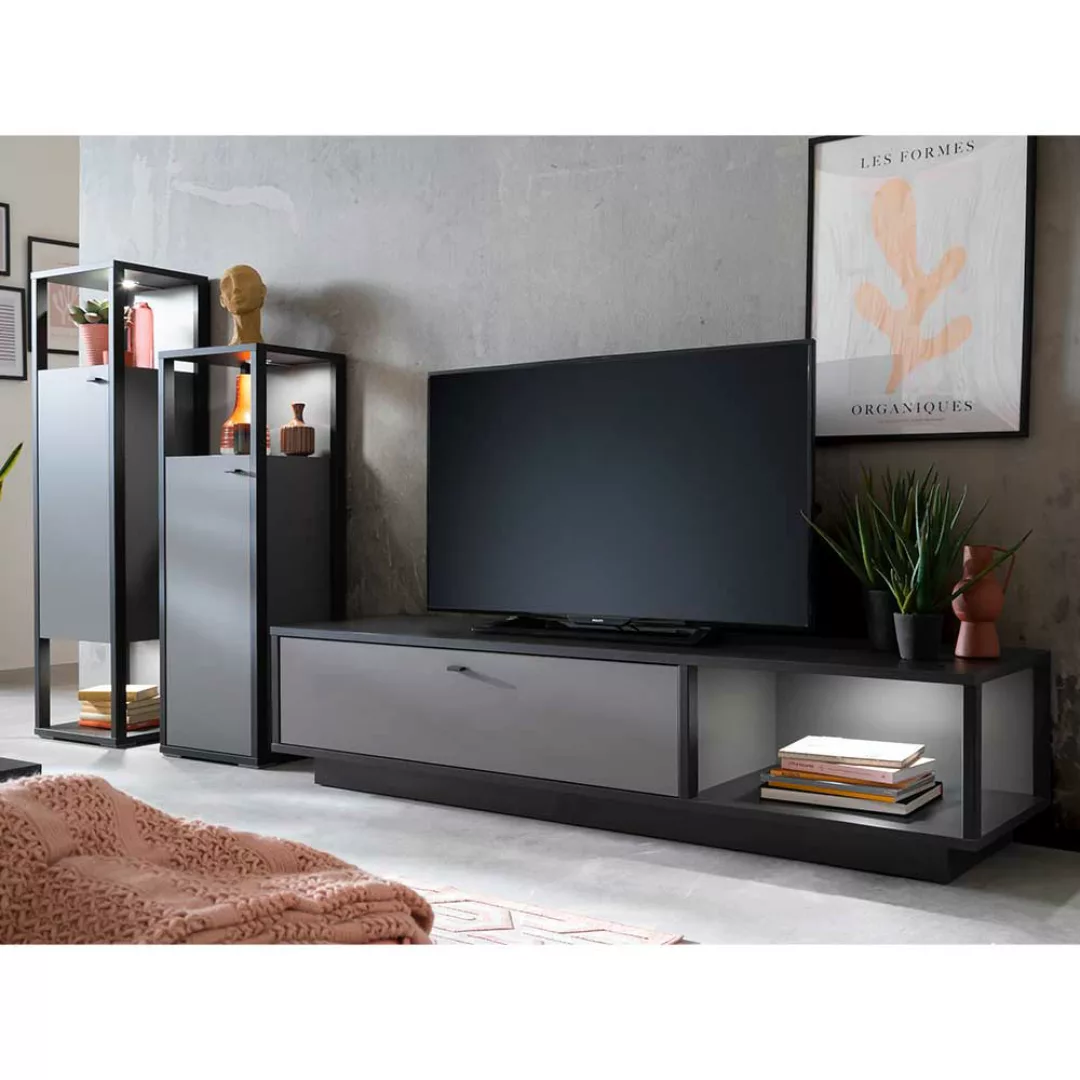 Design Wohnwand in Grau 150 cm hoch 50 cm tief (dreiteilig) günstig online kaufen
