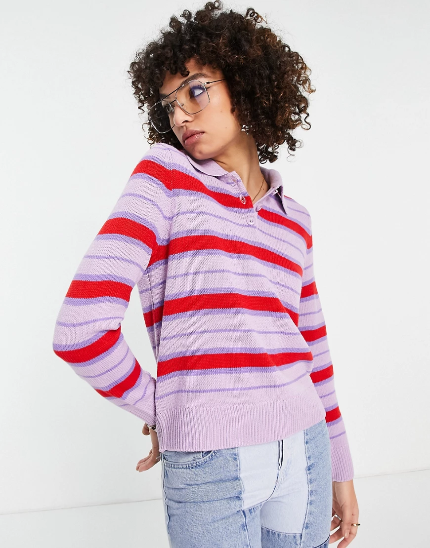 Only – Strickpullover mit Polokragen in Rot und lila gestreift günstig online kaufen