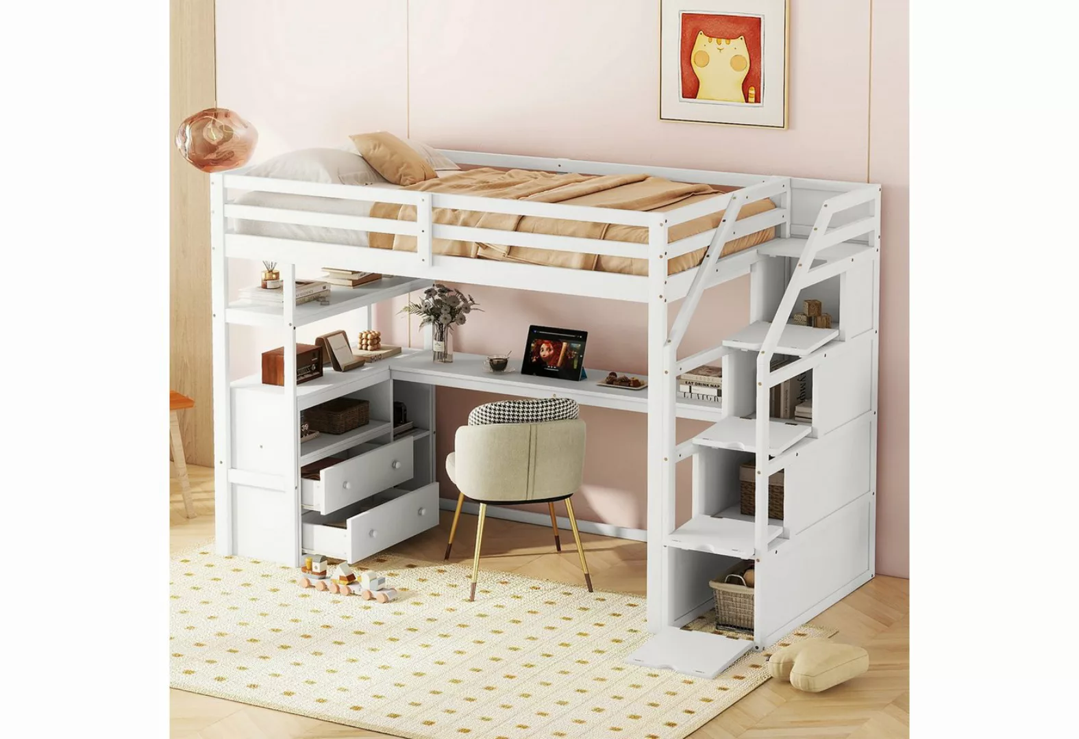 HAUSS SPLOE Kinderbett 90x200cm mit Tisch, Stauraumleiter, zwei Schubladen, günstig online kaufen