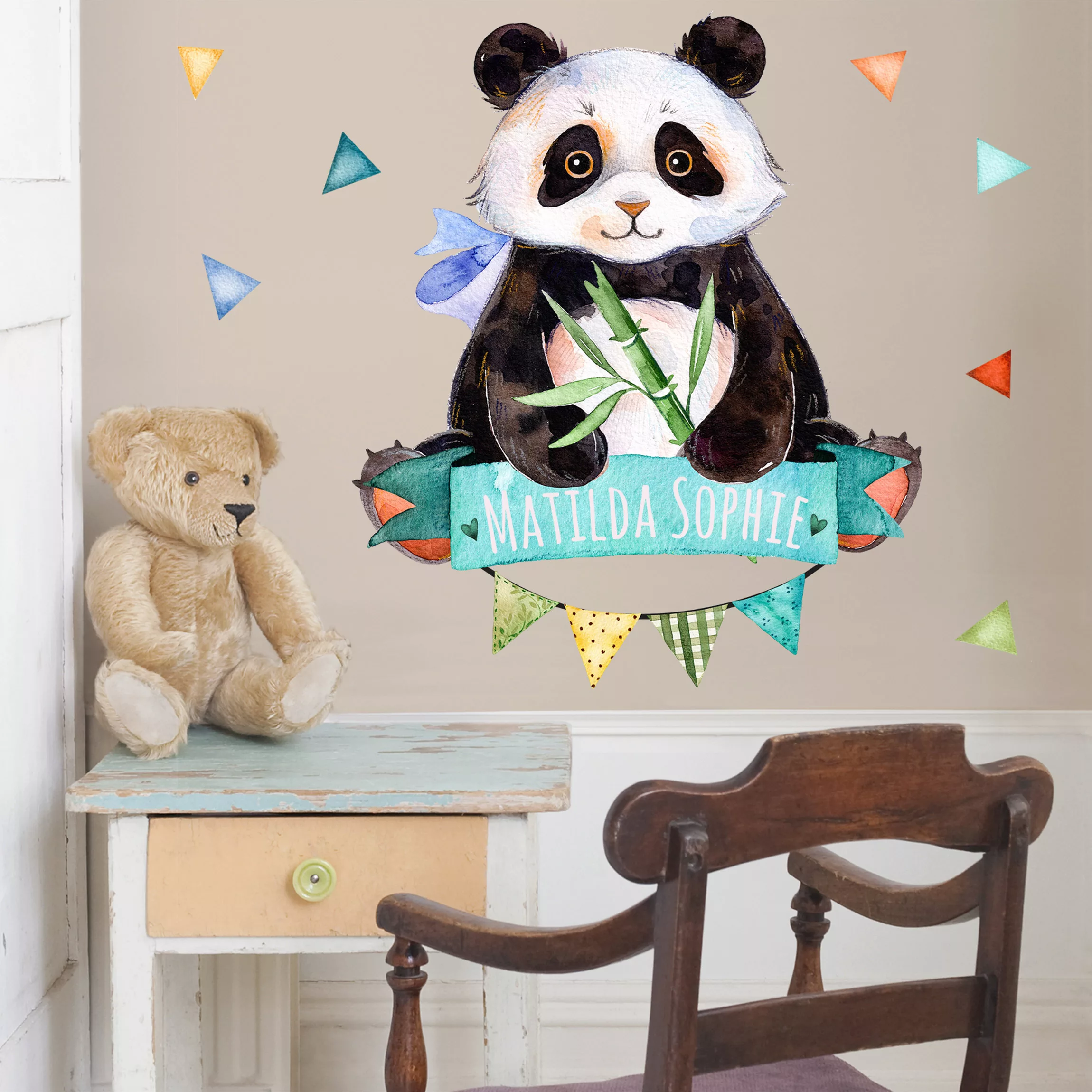 Wunschtext-Wandtattoo Kinderzimmer Pandabär Aquarell mit Wunschtext günstig online kaufen