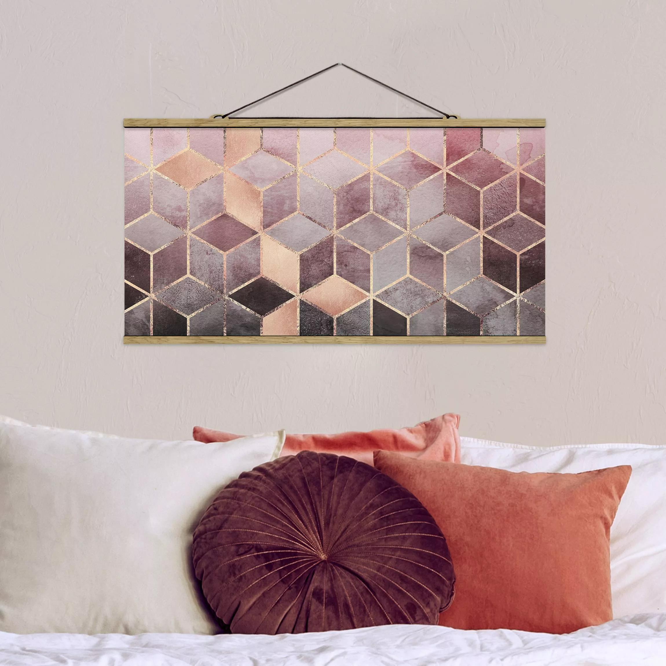 Stoffbild Abstrakt mit Posterleisten - Querformat Rosa Grau goldene Geometr günstig online kaufen