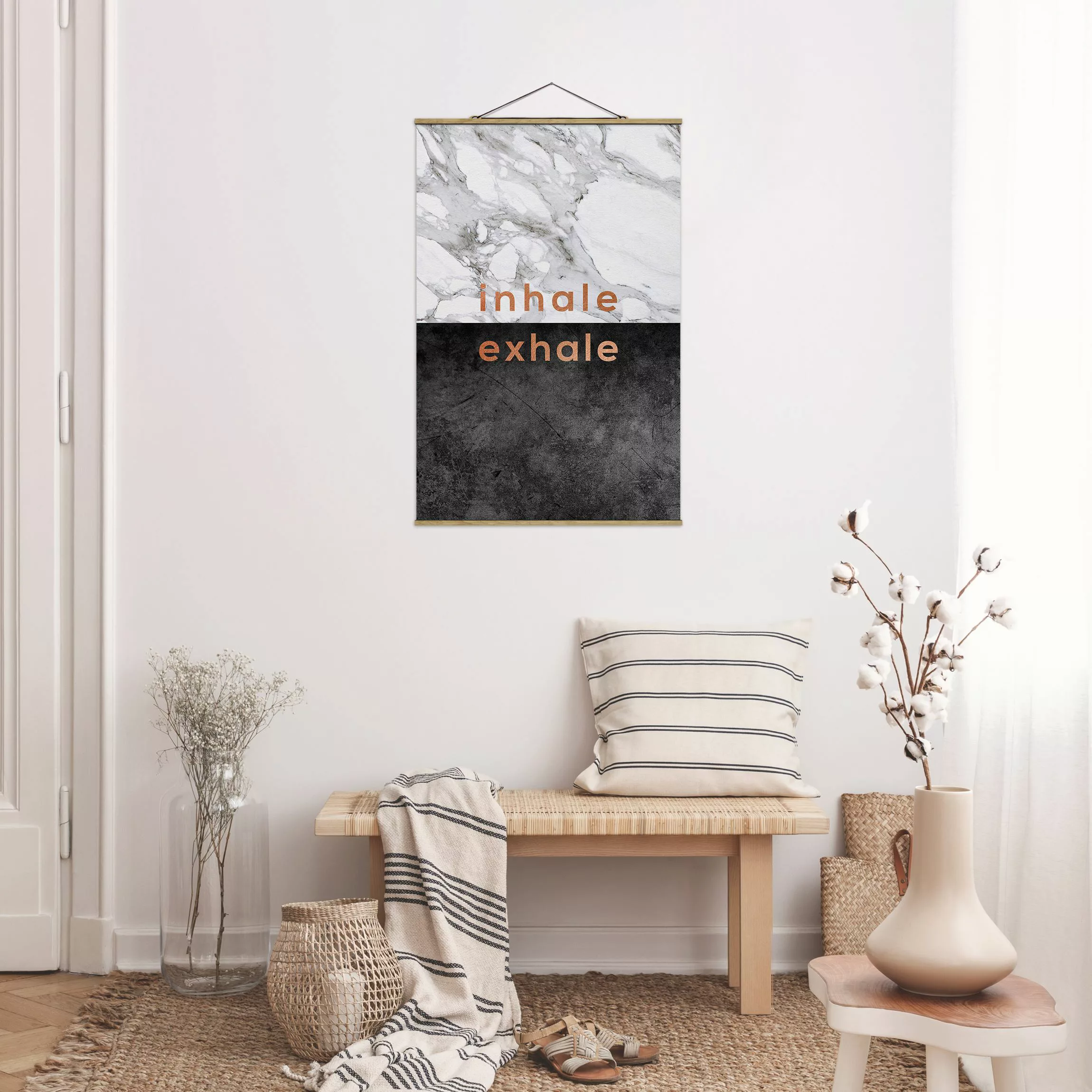 Stoffbild mit Posterleisten Inhale Exhale Kupfer und Marmor günstig online kaufen