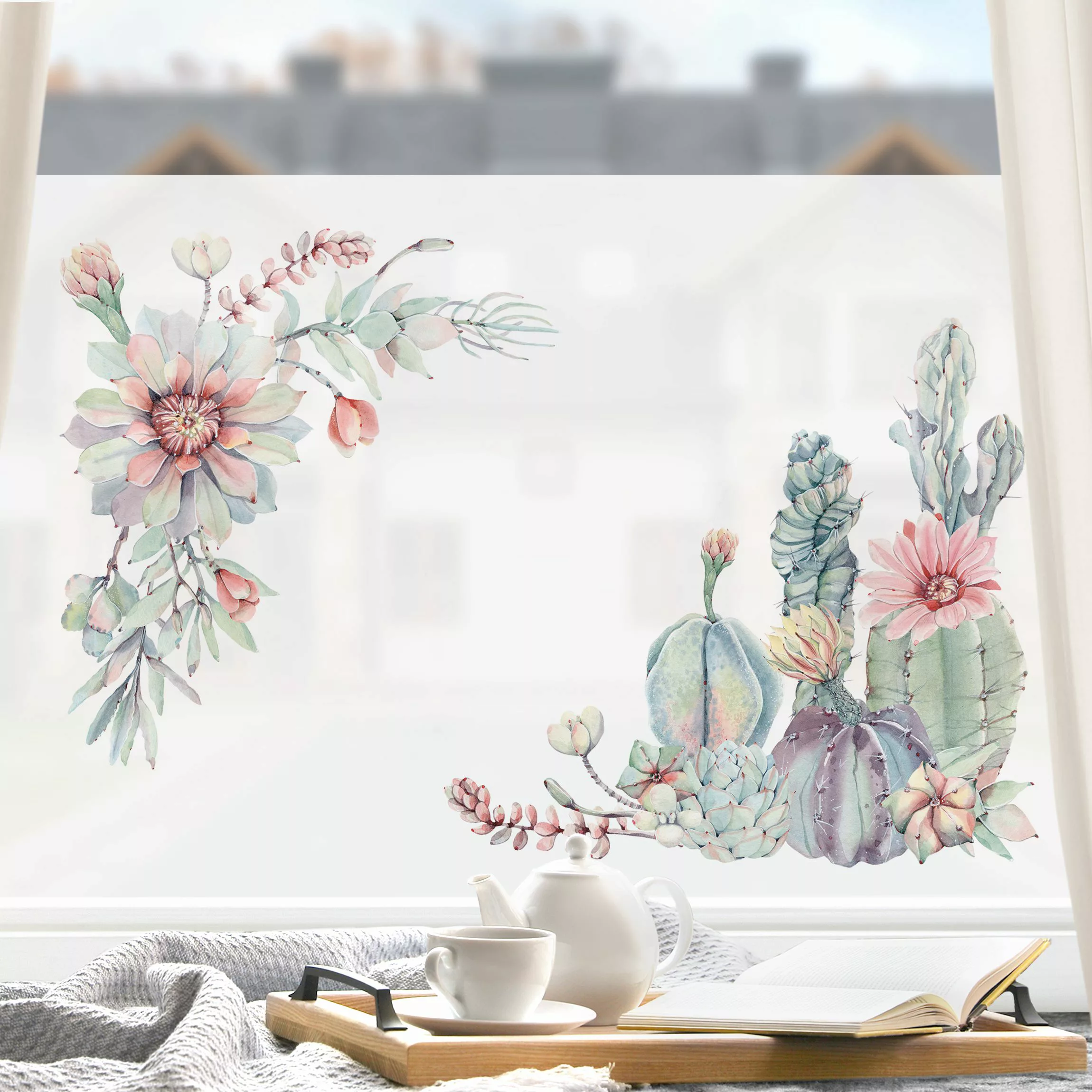 Fensterfolie Aquarell Kaktus Blüte Ornament günstig online kaufen