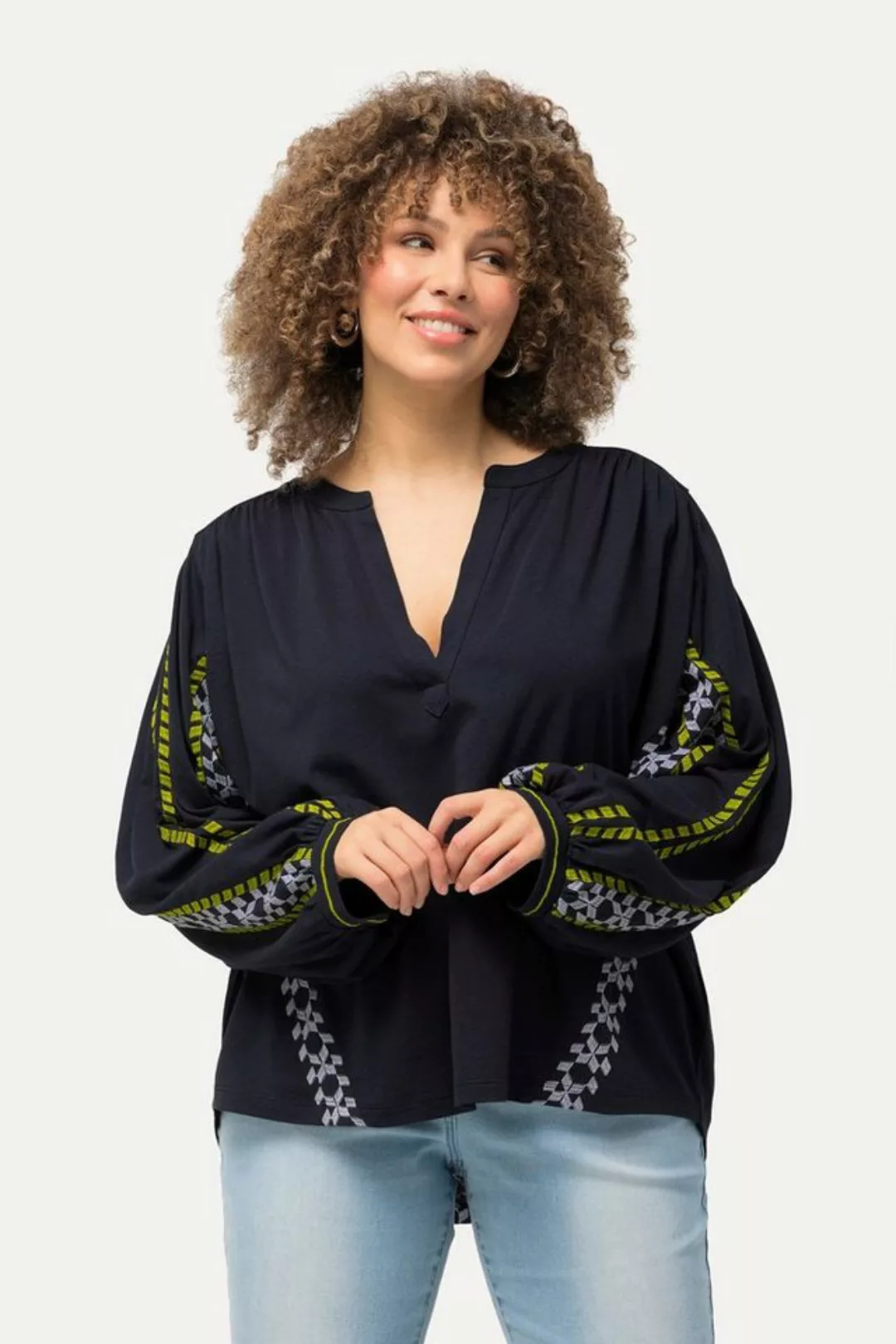 Ulla Popken Satinbluse Bluse Leinenmix Oversized Tunika-Ausschnitt günstig online kaufen