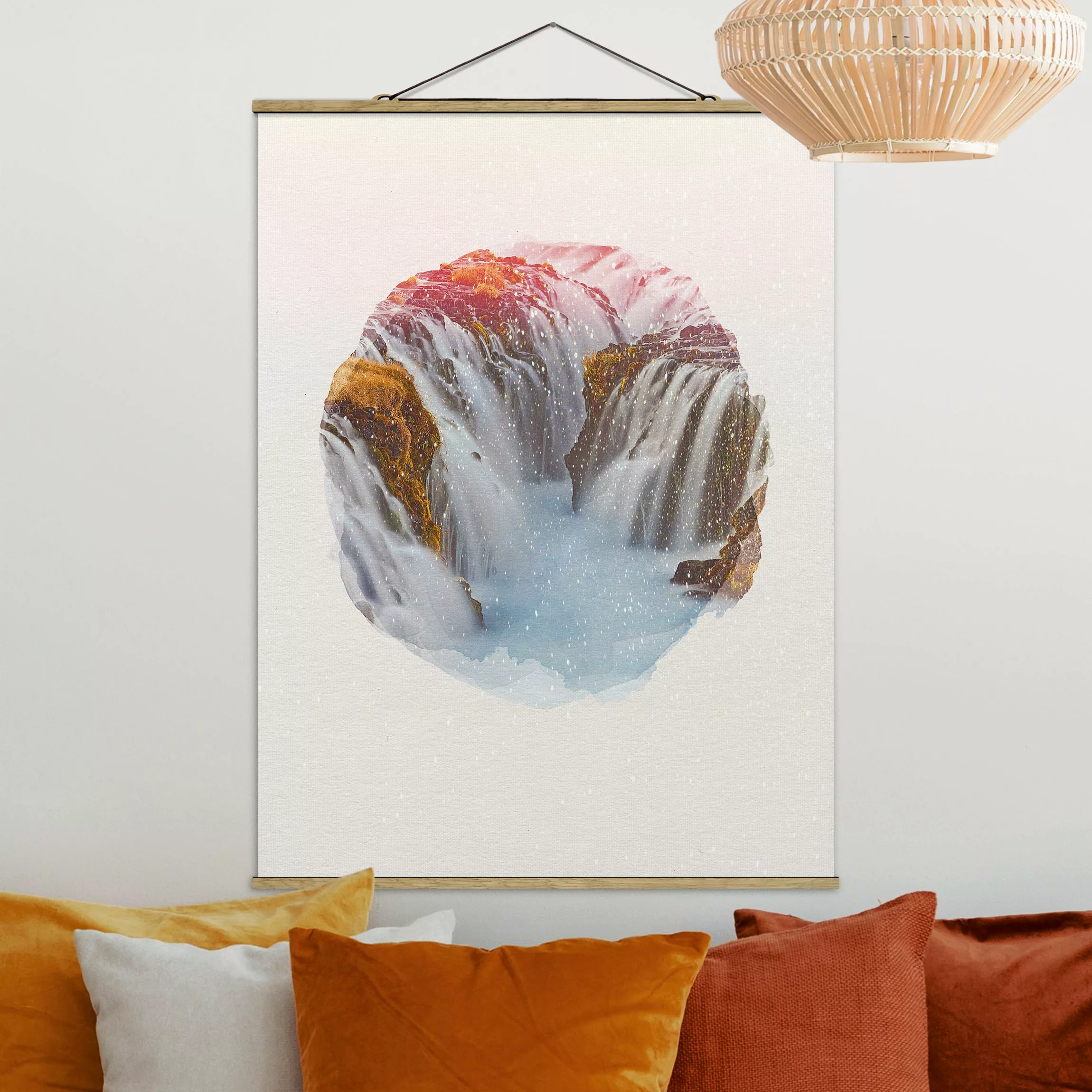 Stoffbild Landschaft mit Posterleisten - Hochformat Wasserfarben - Brúarfos günstig online kaufen