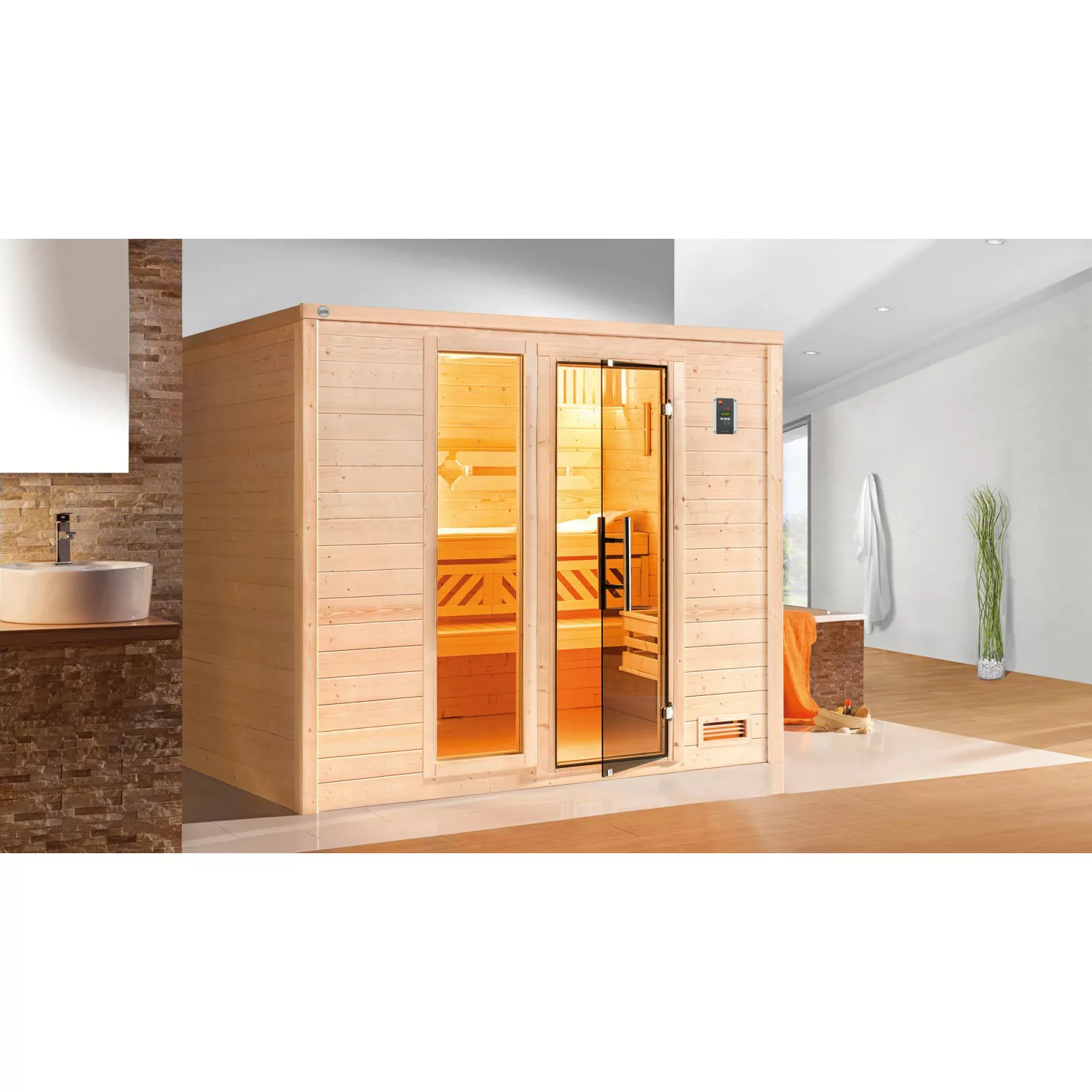 Weka Massivholzsauna Bergen 3 Sparset 9 kW BioS Glastür/Fenster günstig online kaufen