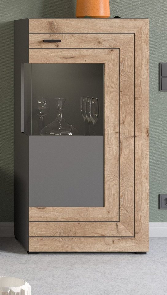 Mehrzweckschrank Freno (Vitrine 1-türig, 60 x 118 cm) Basalt grau und Eiche günstig online kaufen