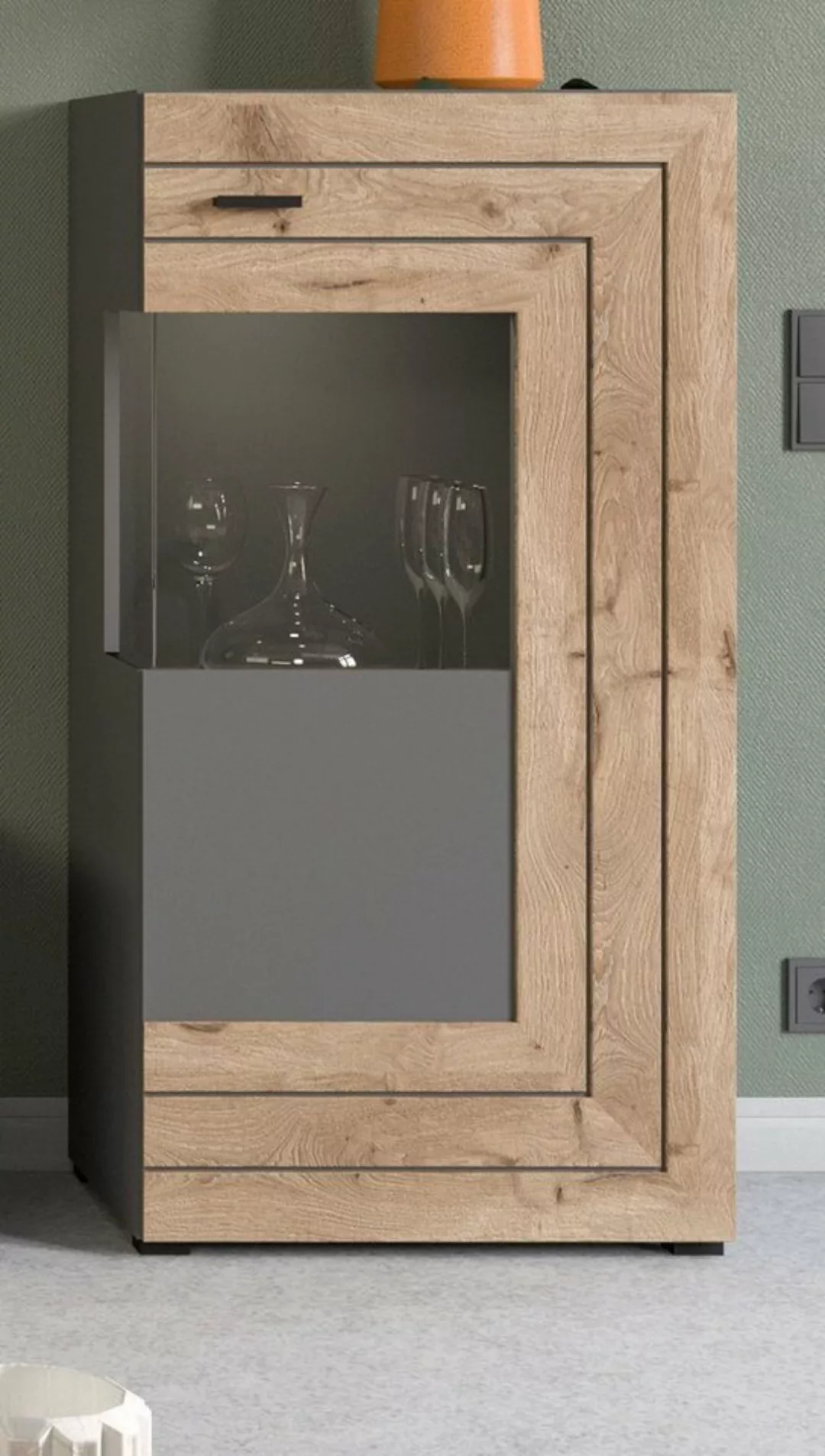 Mehrzweckschrank Freno (Vitrine 1-türig, 60 x 118 cm) Basalt grau und Eiche günstig online kaufen