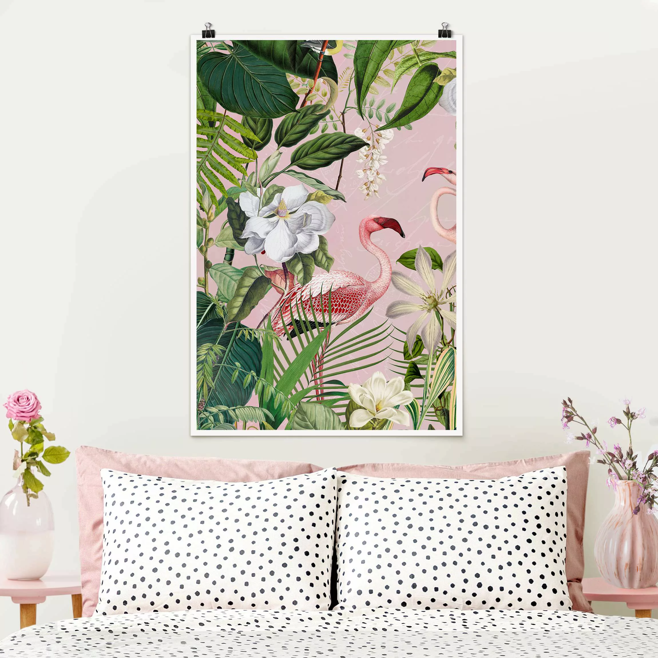 Poster Tropische Flamingos mit Pflanzen in Rosa günstig online kaufen