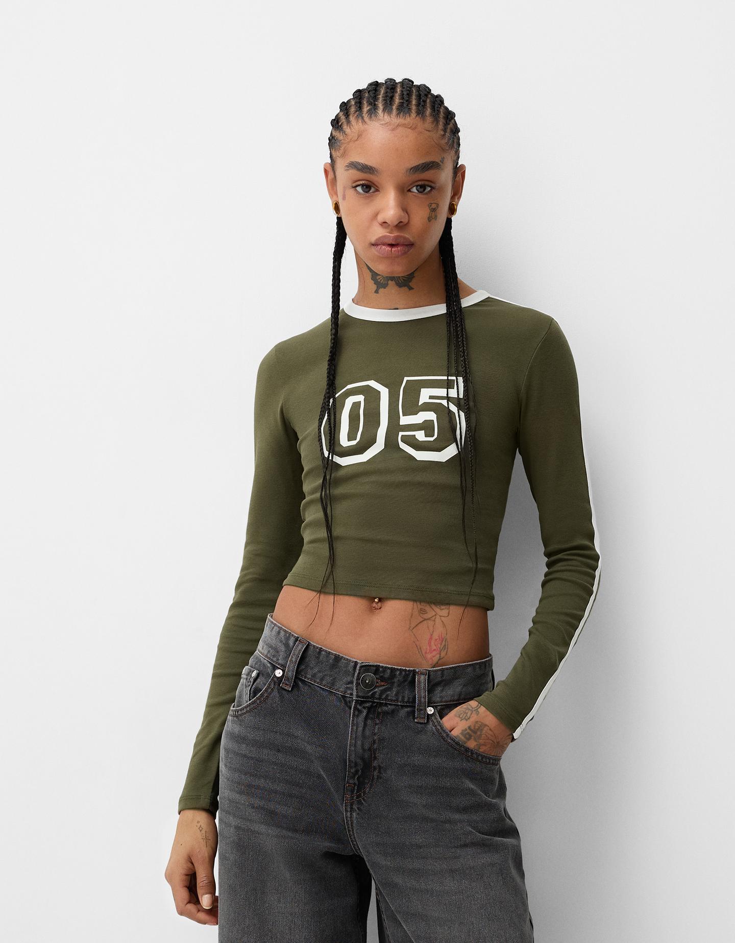 Bershka Langarmshirt Mit Langen Ärmeln Borte Und Print Damen Xs Khaki günstig online kaufen