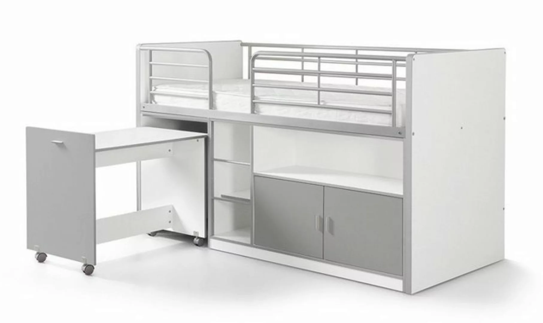 Kindermöbel 24 Hochbett Tomek weiß - grau inkl. Schreibtisch günstig online kaufen