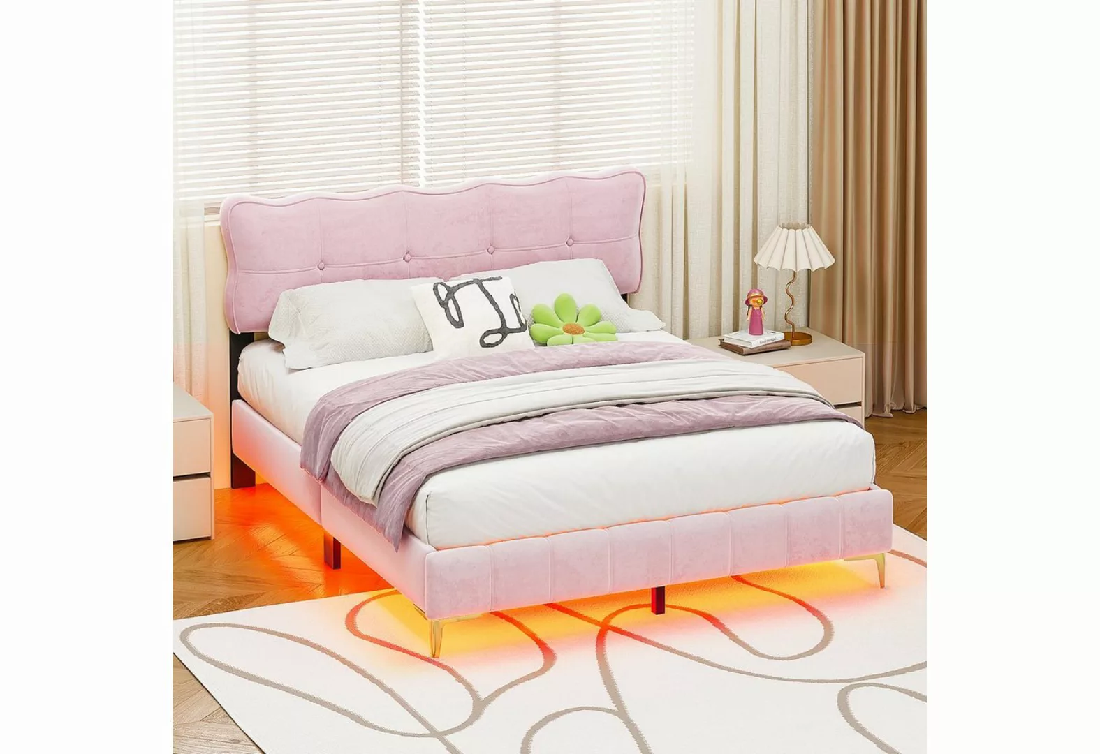 REDOM Polsterbett Doppelbett mit LED-Leuchten mit Rückenlehne mit Lattenros günstig online kaufen