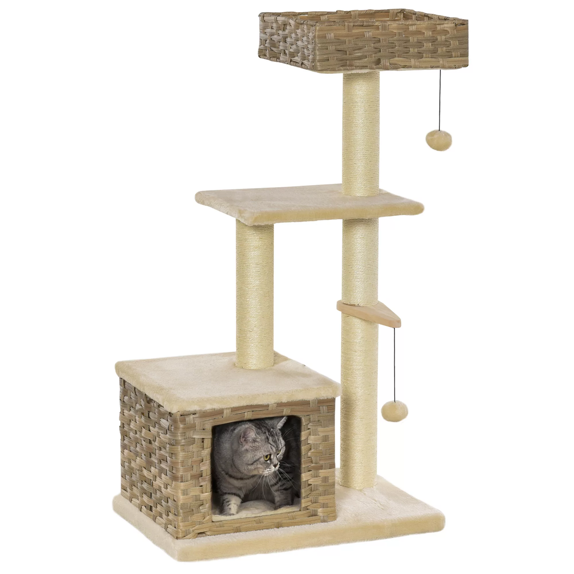 PawHut Rattan Katzenbaum  Kratzbaum mit Katzenhöhle, Ballspielzeug, Sisal & günstig online kaufen