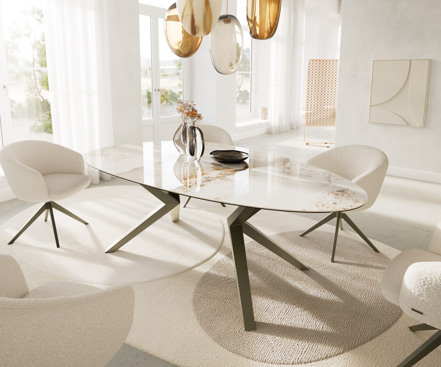 Esstisch Edge Oval 220x120 Keramik Minas Melange Weiß-Beige Zenthara kantig günstig online kaufen