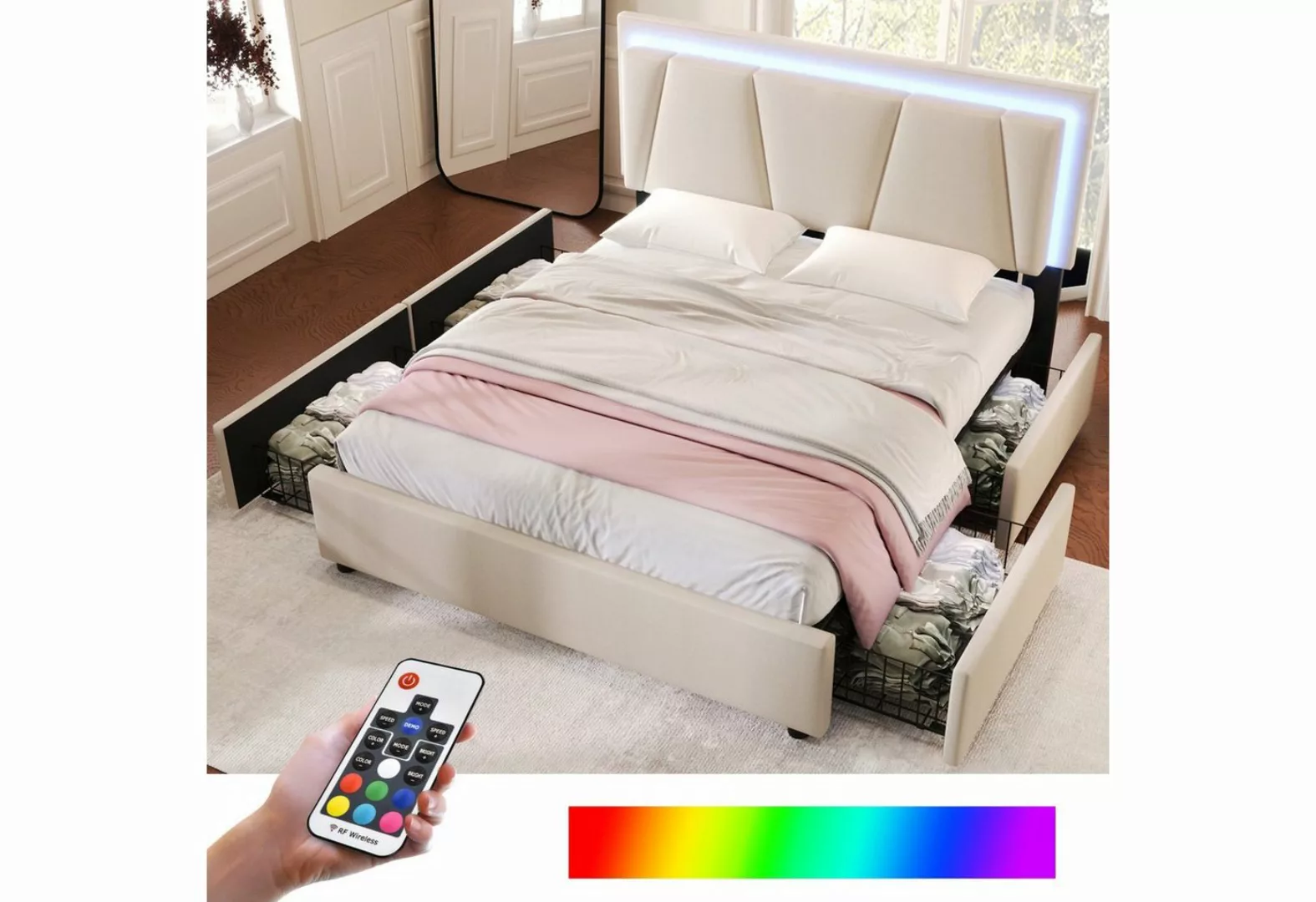 REDOM Polsterbett (mit LED-Beleuchtung und 4 Schubladen), Doppelbett 160x20 günstig online kaufen