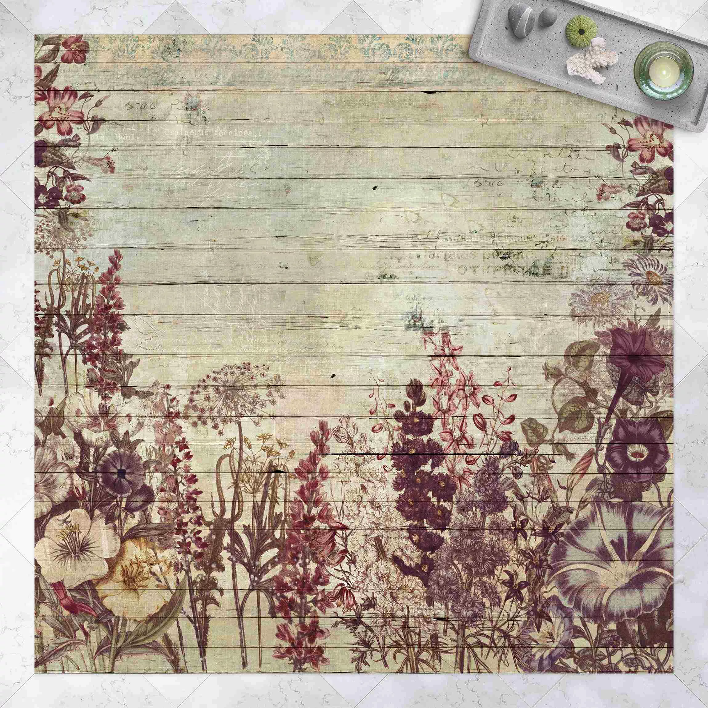 Vinyl-Teppich Vintage Blumen Holzoptik günstig online kaufen