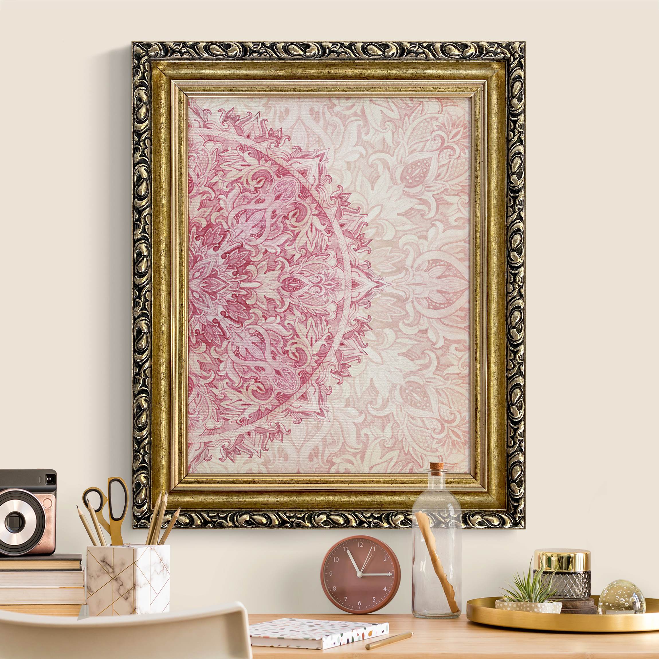 Gerahmtes Leinwandbild Mandala Aquarell Ornament Halbkreis pink beige günstig online kaufen