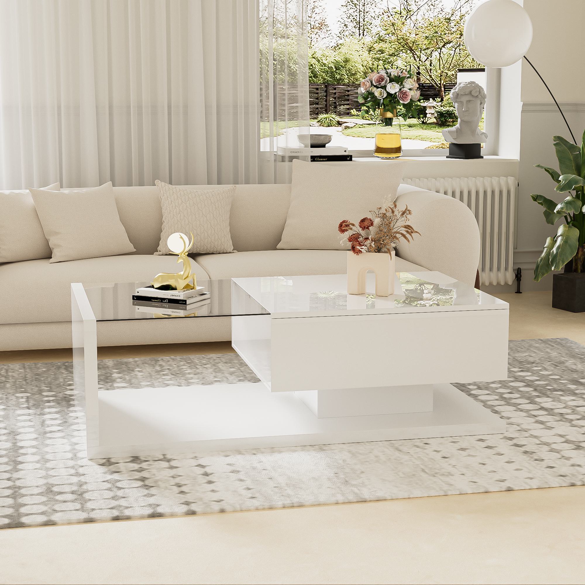 Couchtisch Hochglanz-Weiß mit Glasplatte und LED-Beleuchtung, Modernes Desi günstig online kaufen