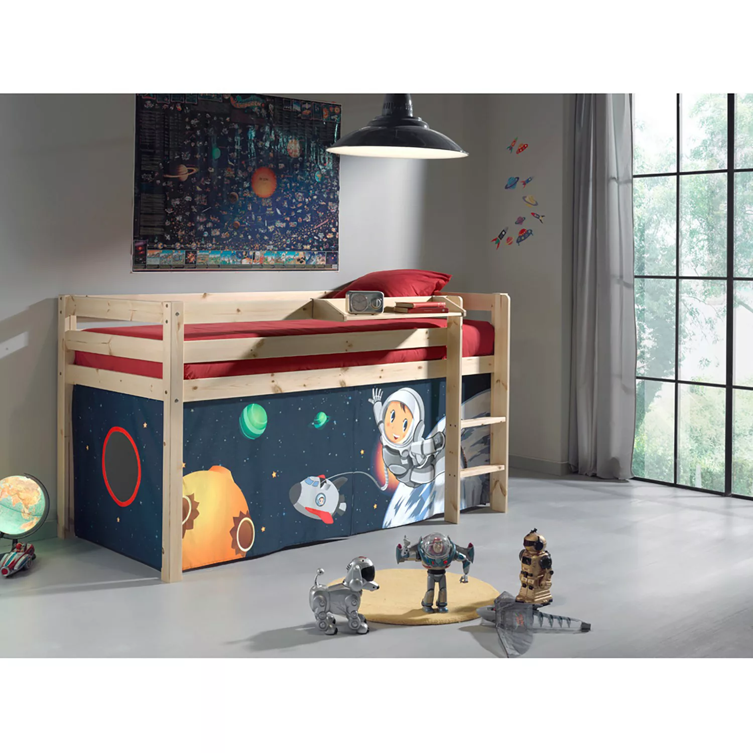Hochbett Kinderzimmer PINOO-12 mit Textil Set Spaceman und Leiter in Kiefer günstig online kaufen