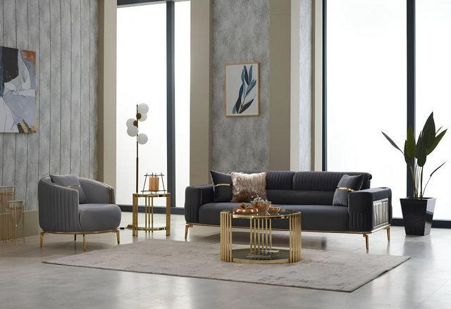 JVmoebel Sofa Komplette Couchgarnitur Polstersofa Dreisitzer Stoffsofa Grau günstig online kaufen