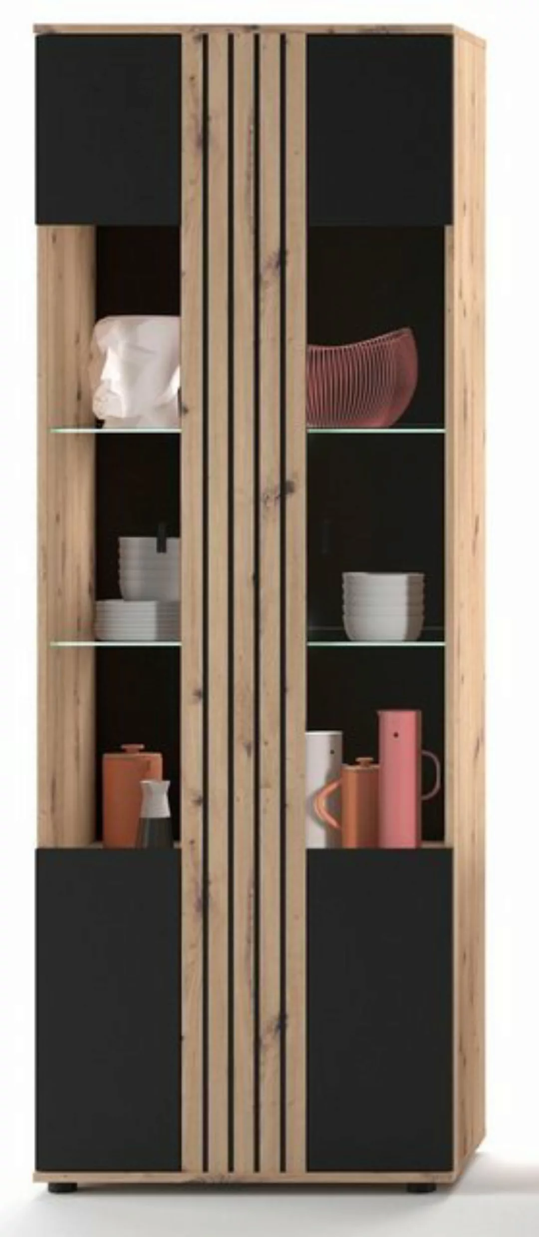 möbelando Vitrine SOLEA 012 Hochvitrine (BxHxT: 71,6x202,5x38 cm) in Schwar günstig online kaufen