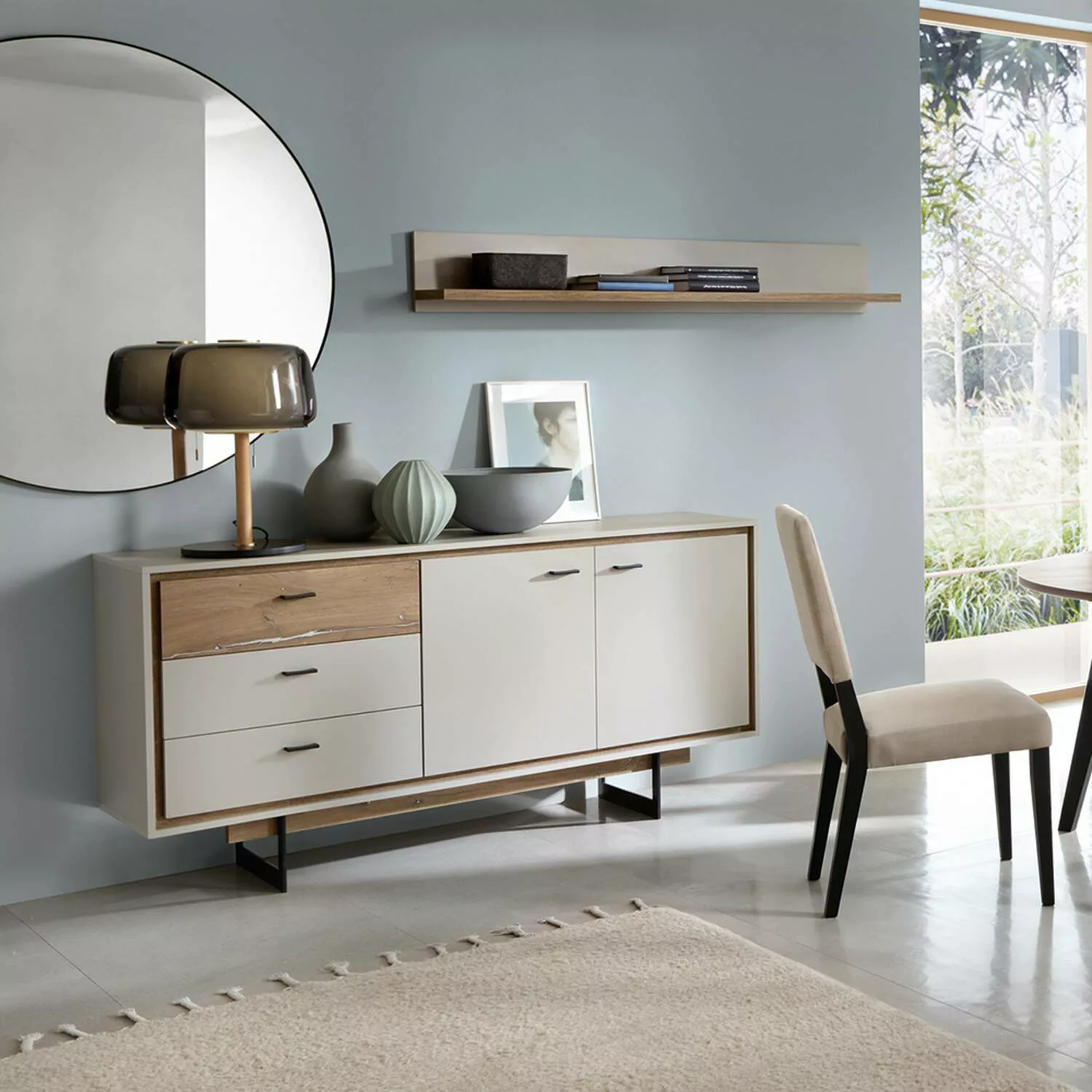 Wohnzimmer Set Sideboard mit Wandboard in grau und Flagstaff Eiche Nb. RAMV günstig online kaufen