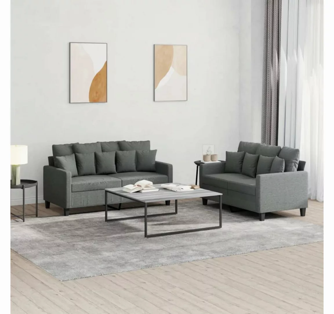 vidaXL Sofa Sofagarnitur Set mit Kissen Stoff, 2-tlg., Dunkelgrau günstig online kaufen