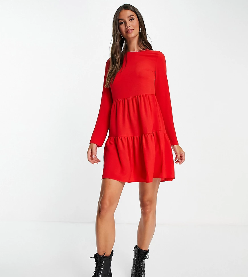 ASOS DESIGN Tall – Langärmliges, gestuftes Hänger-Minikleid in Rot günstig online kaufen