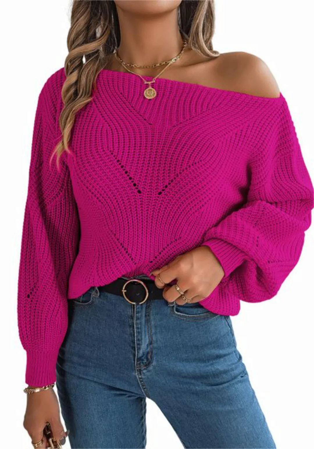 Mayou Strickpullover Damen Pullover Schulterfrei Einfarbig Langarm Elegant günstig online kaufen