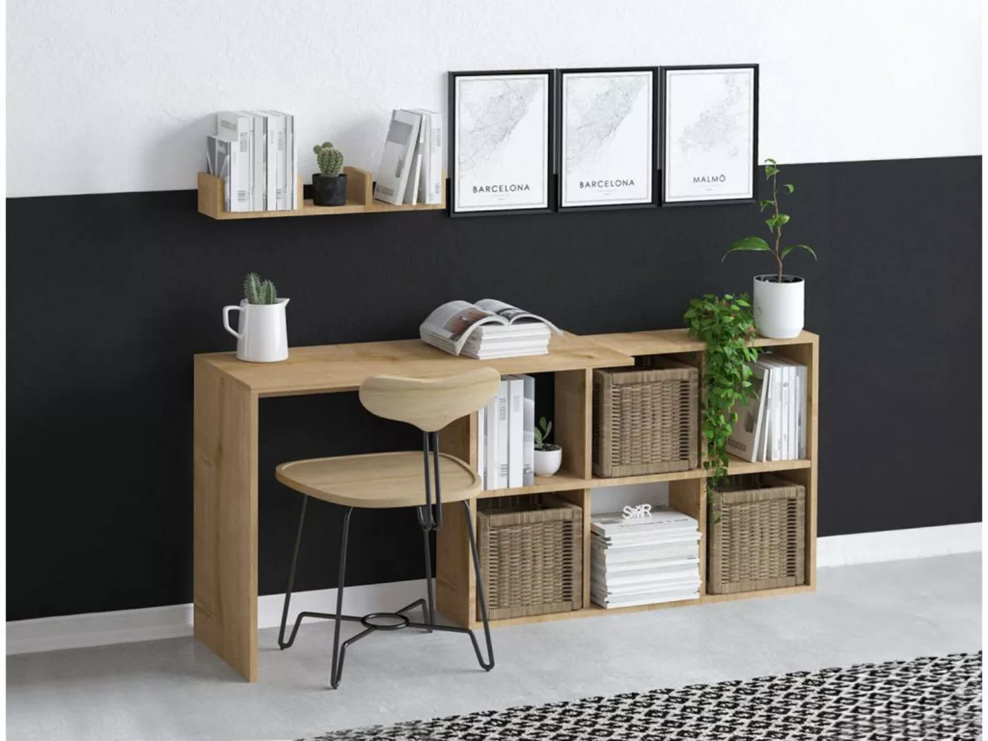 Schreibtisch mit 6 Fächern & Wandregal - Holzfarben - KADONA günstig online kaufen